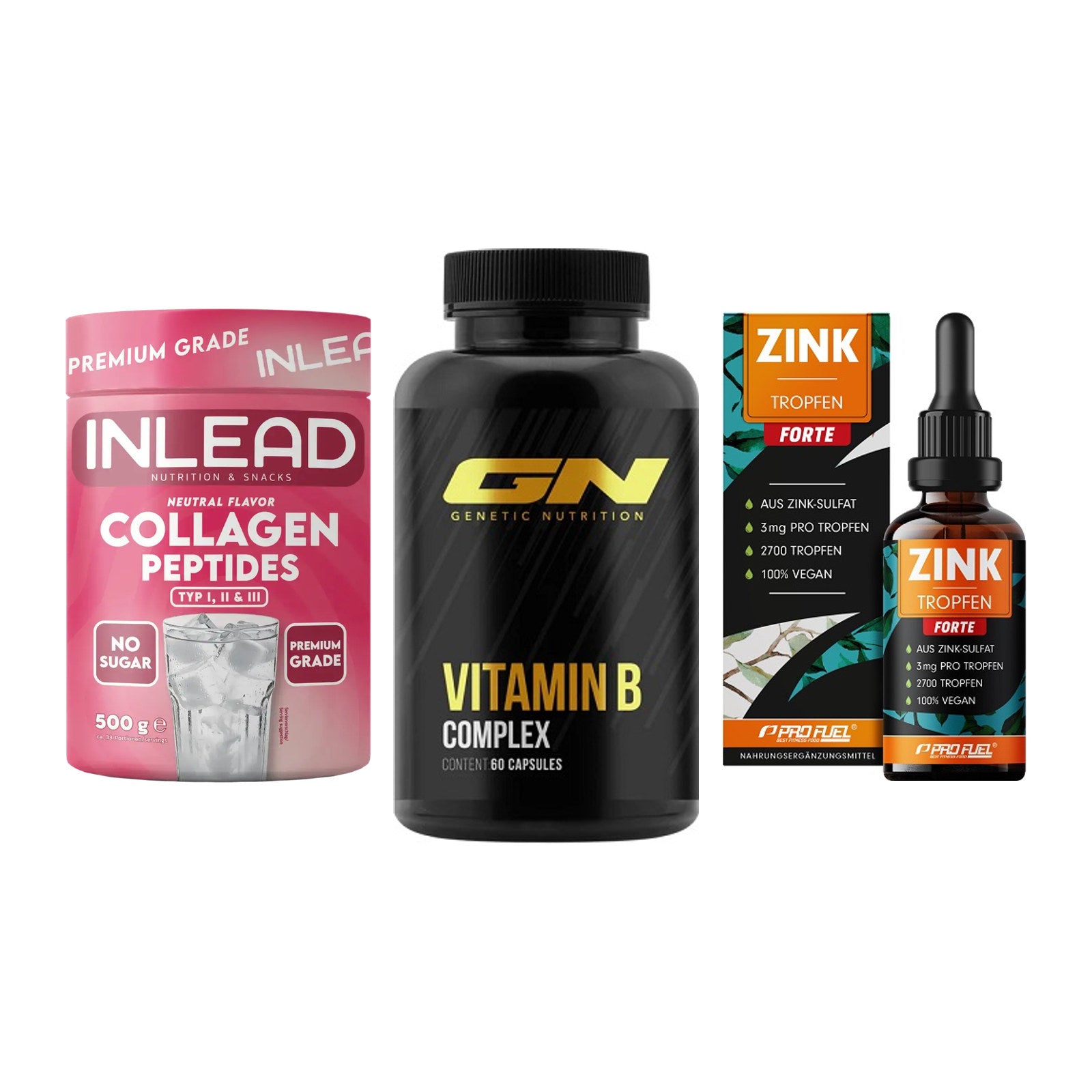 Haut, Haare & Nägel: INLEAD Collage + GN Vitamin + ProFuel Zink – alle enthaltenen Artikel