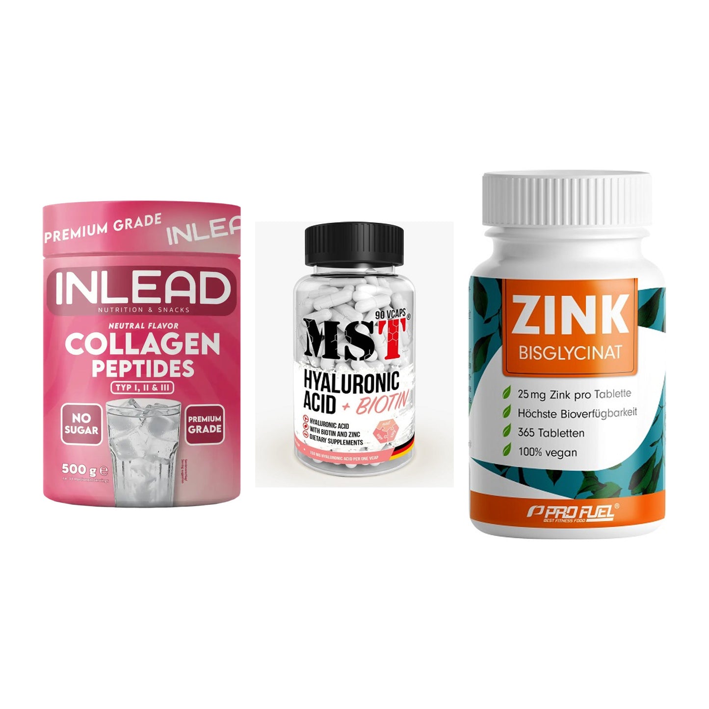 Haut, Haare & Nägel: INLEAD Collage + MST Hyaluronic + ProFuel Zink – alle enthaltenen Artikel