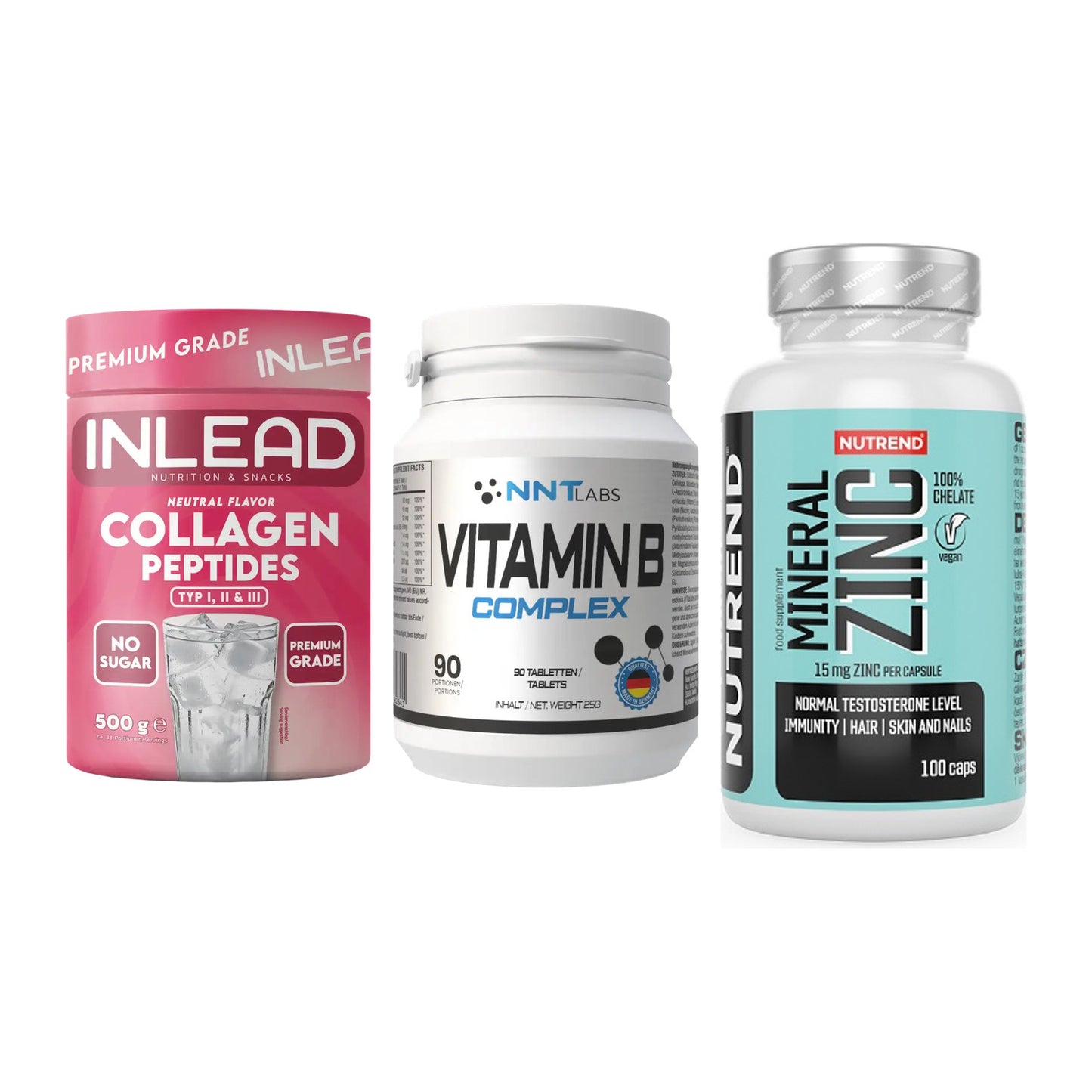 Haut, Haare & Nägel: INLEAD Collage + NNT Vitamin B + Nutrend Zinc – alle enthaltenen Artikel