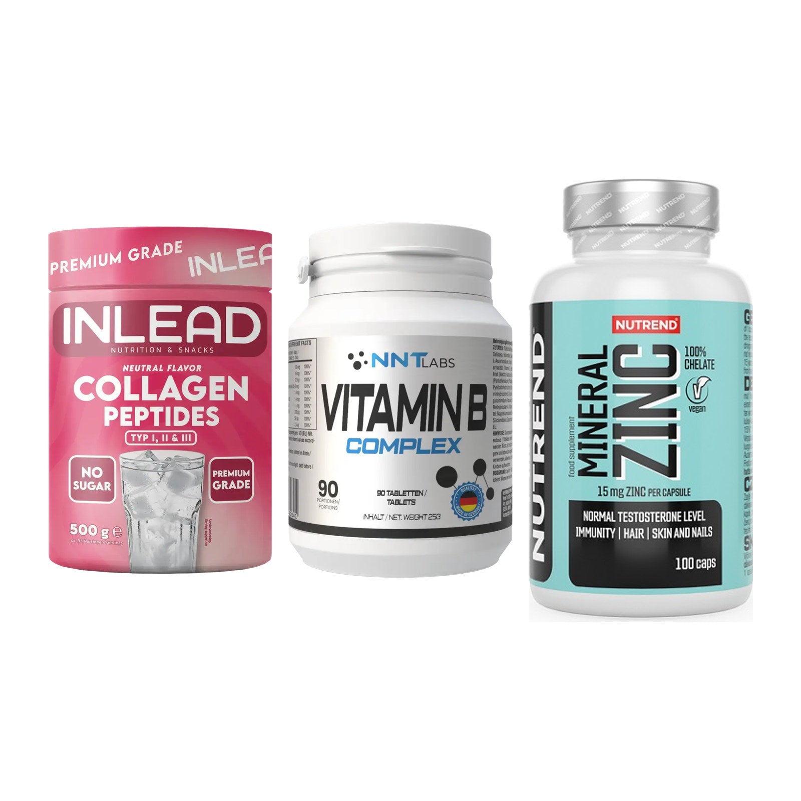 Haut, Haare & Nägel: INLEAD Collage + NNT Vitamin B + Nutrend Zinc – alle enthaltenen Artikel