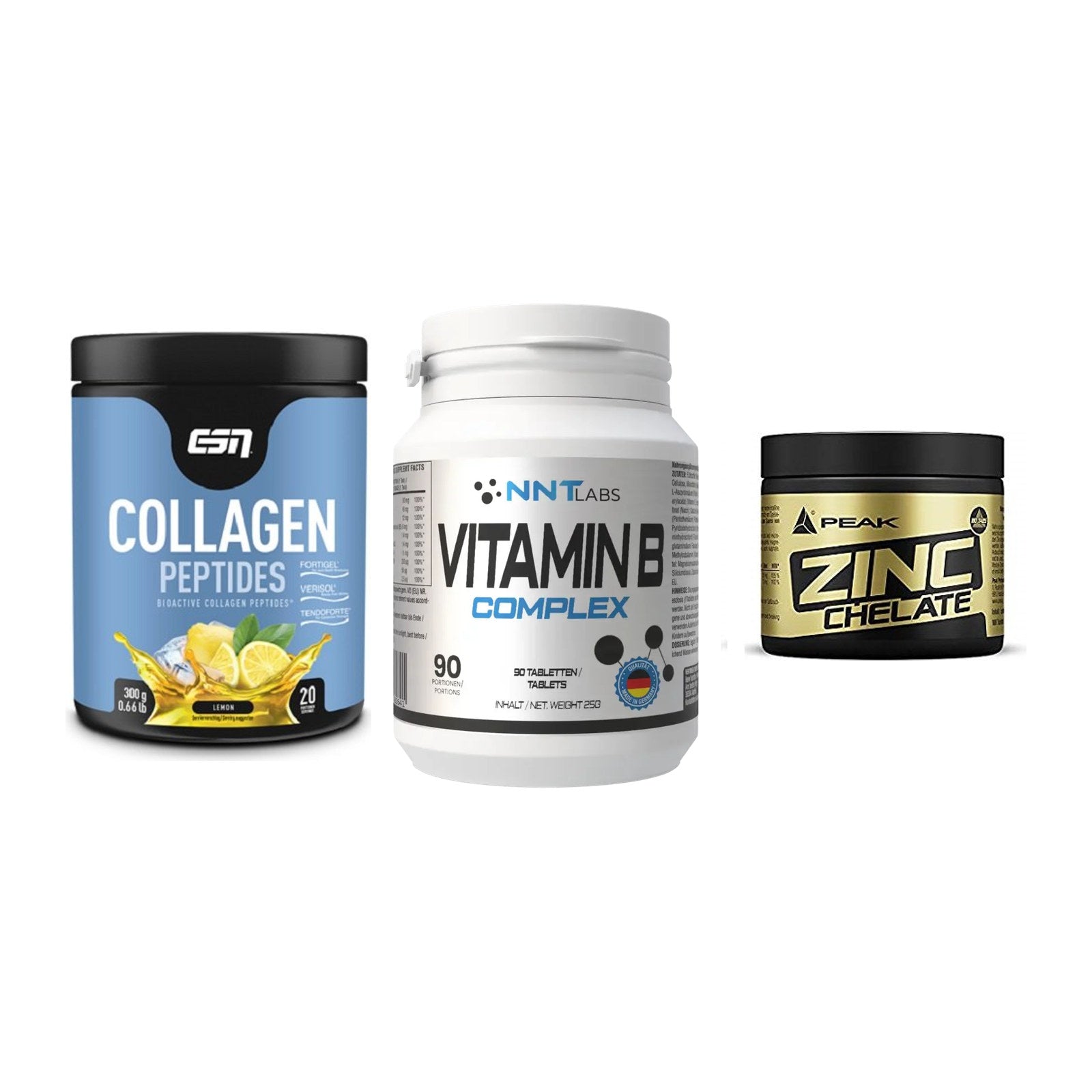 Haut, Haare & Nägel: ESN Collagen + NNT Vitamin B + Peak Zink – alle enthaltenen Artikel