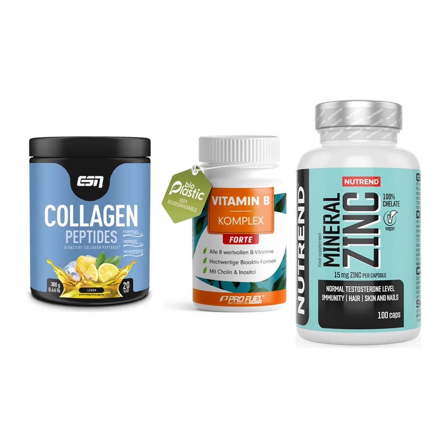 Haut, Haare & Nägel: ESN Collagen + ProFuel Vitami + Nutrend Zinc – alle enthaltenen Artikel