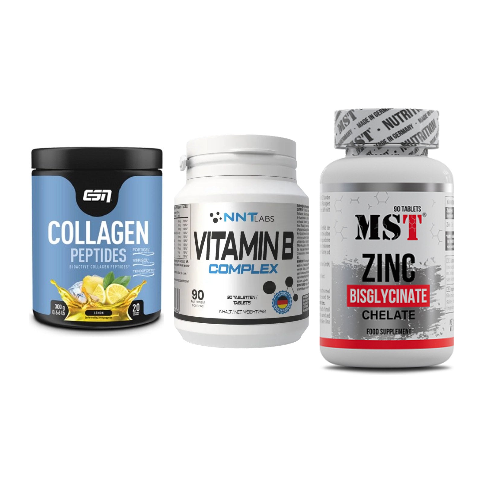 Haut, Haare & Nägel: ESN Collagen + NNT Vitamin B + MST Zinc – alle enthaltenen Artikel