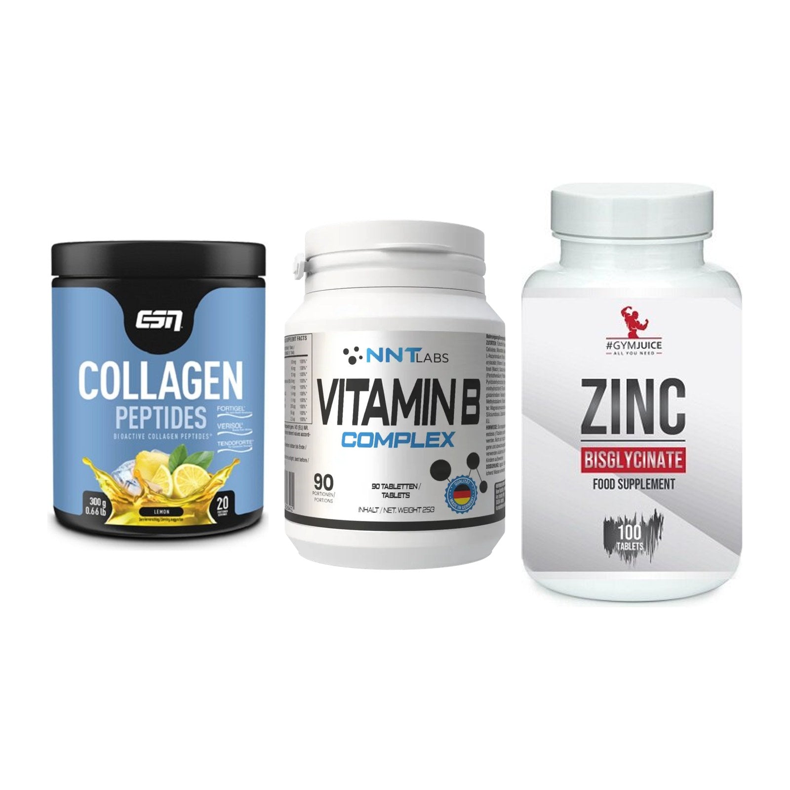 Haut, Haare & Nägel: ESN Collagen + NNT Vitamin B + #GYMJUICE ZINC – alle enthaltenen Artikel