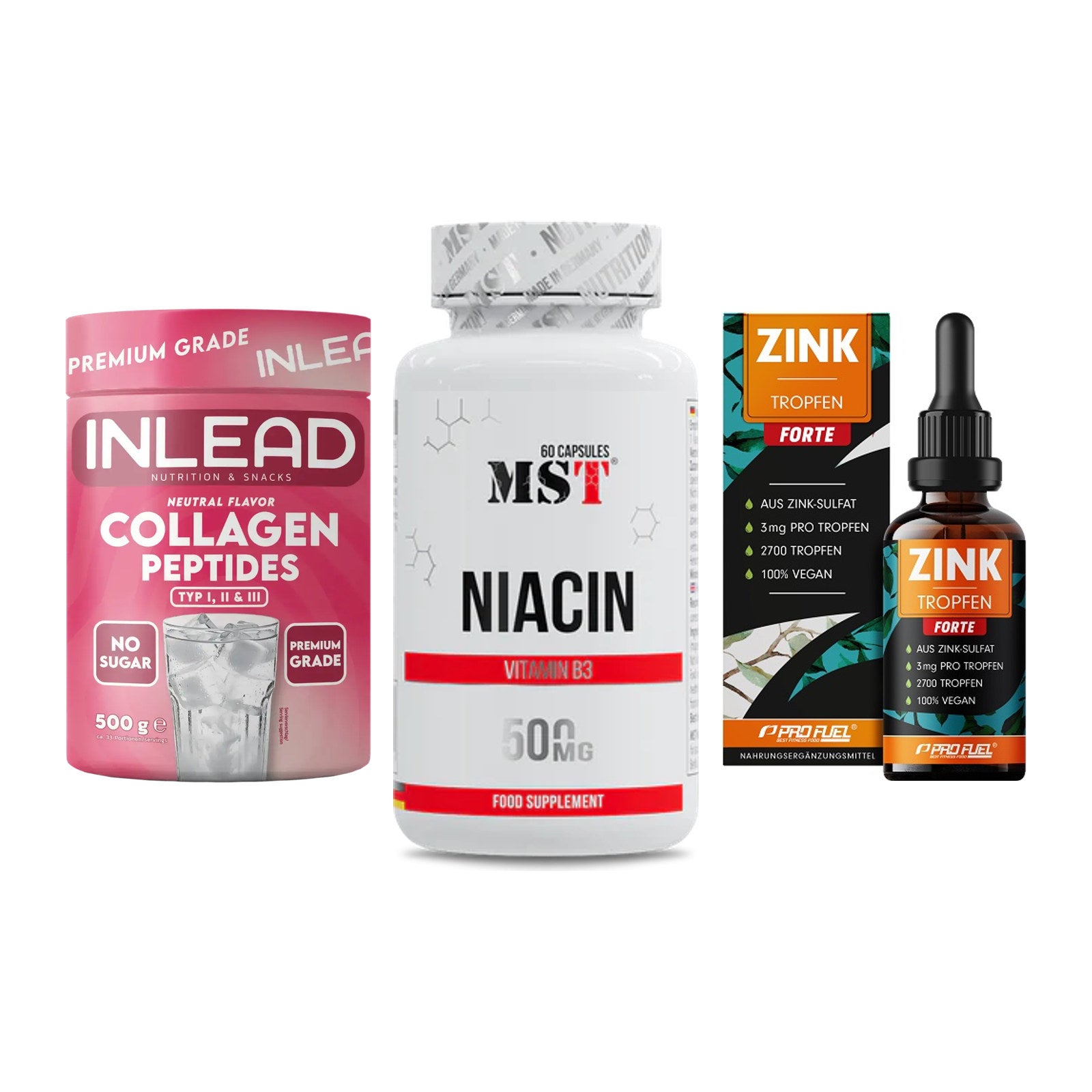 Haut, Haare & Nägel: INLEAD Collage + MST Niacin + ProFuel Zink – alle enthaltenen Artikel