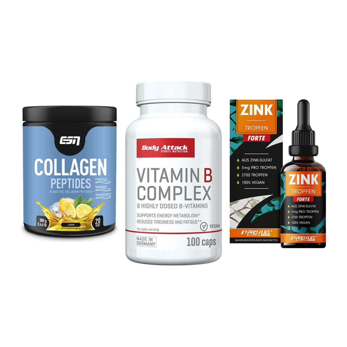 Haut, Haare & Nägel: ESN Collagen + Body Attack + ProFuel Zink – alle enthaltenen Artikel