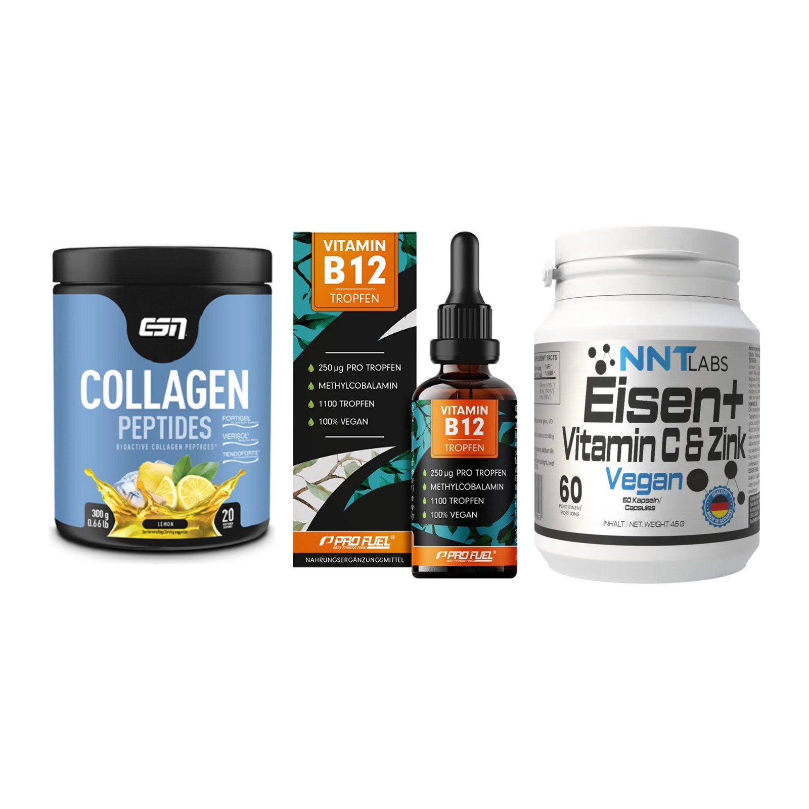 Haut, Haare & Nägel: ESN Collagen + ProFuel Vitami + NNT Eisen – alle enthaltenen Artikel