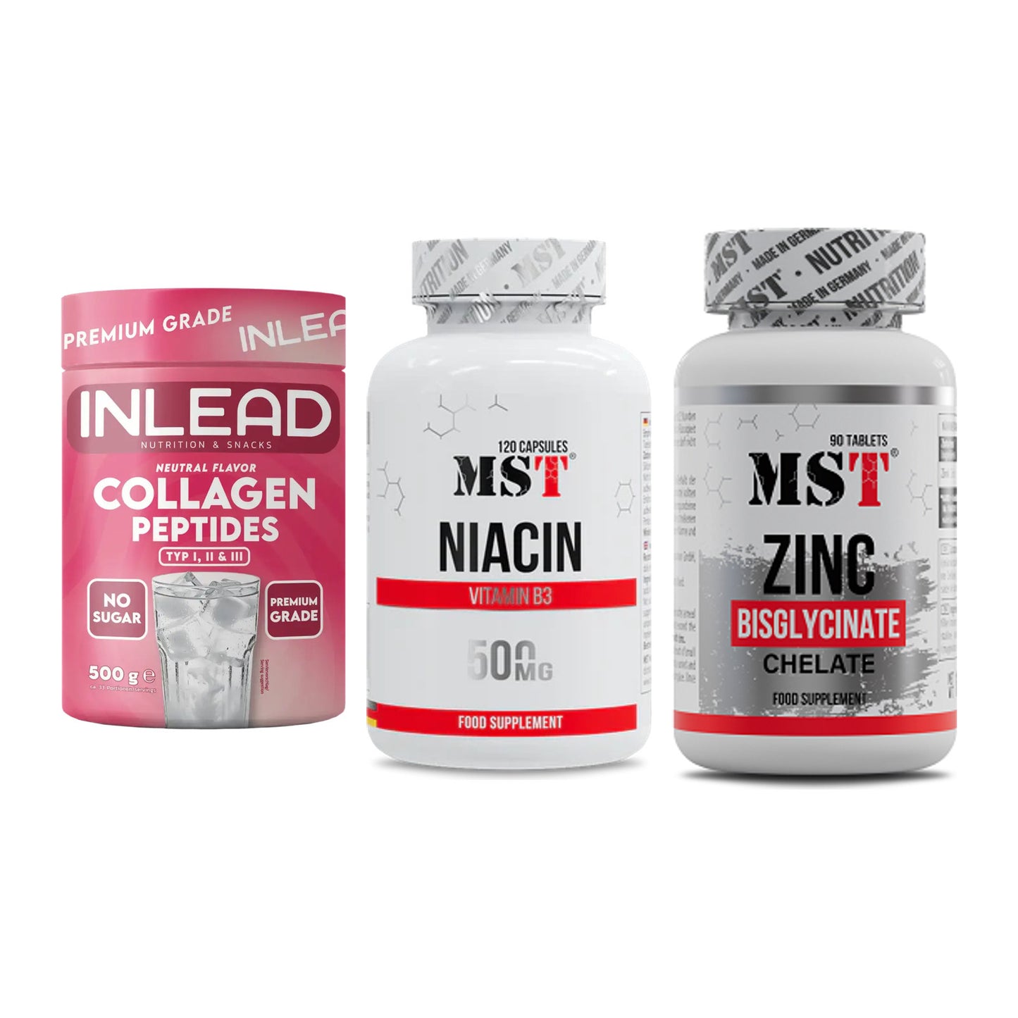 Haut, Haare & Nägel: INLEAD Collage + MST Niacin + MST Zinc – alle enthaltenen Artikel