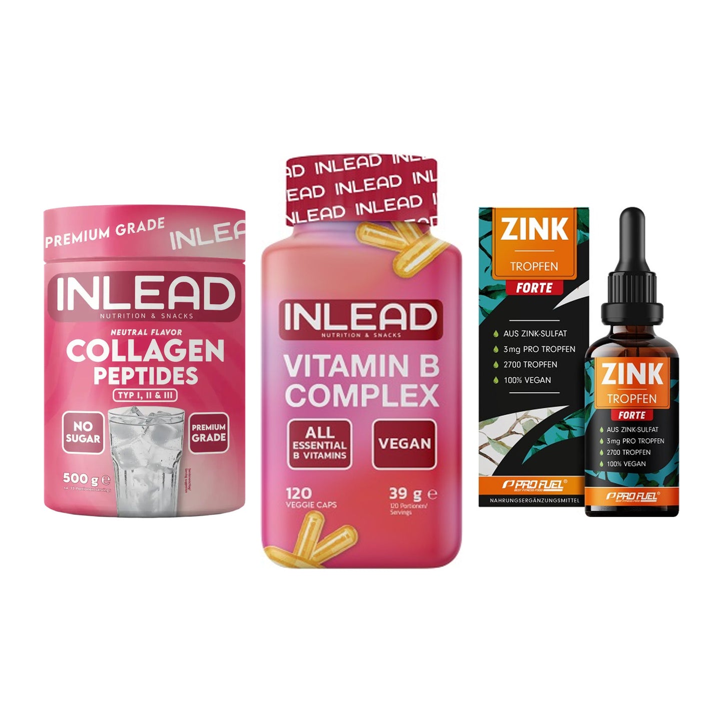 Haut, Haare & Nägel: INLEAD Collage + INLEAD Vitamin + ProFuel Zink – alle enthaltenen Artikel