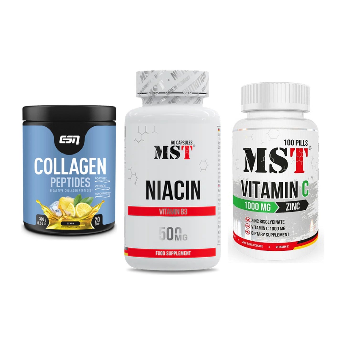 Haut, Haare & Nägel: ESN Collagen + MST Niacin + MST Vitamin C – alle enthaltenen Artikel