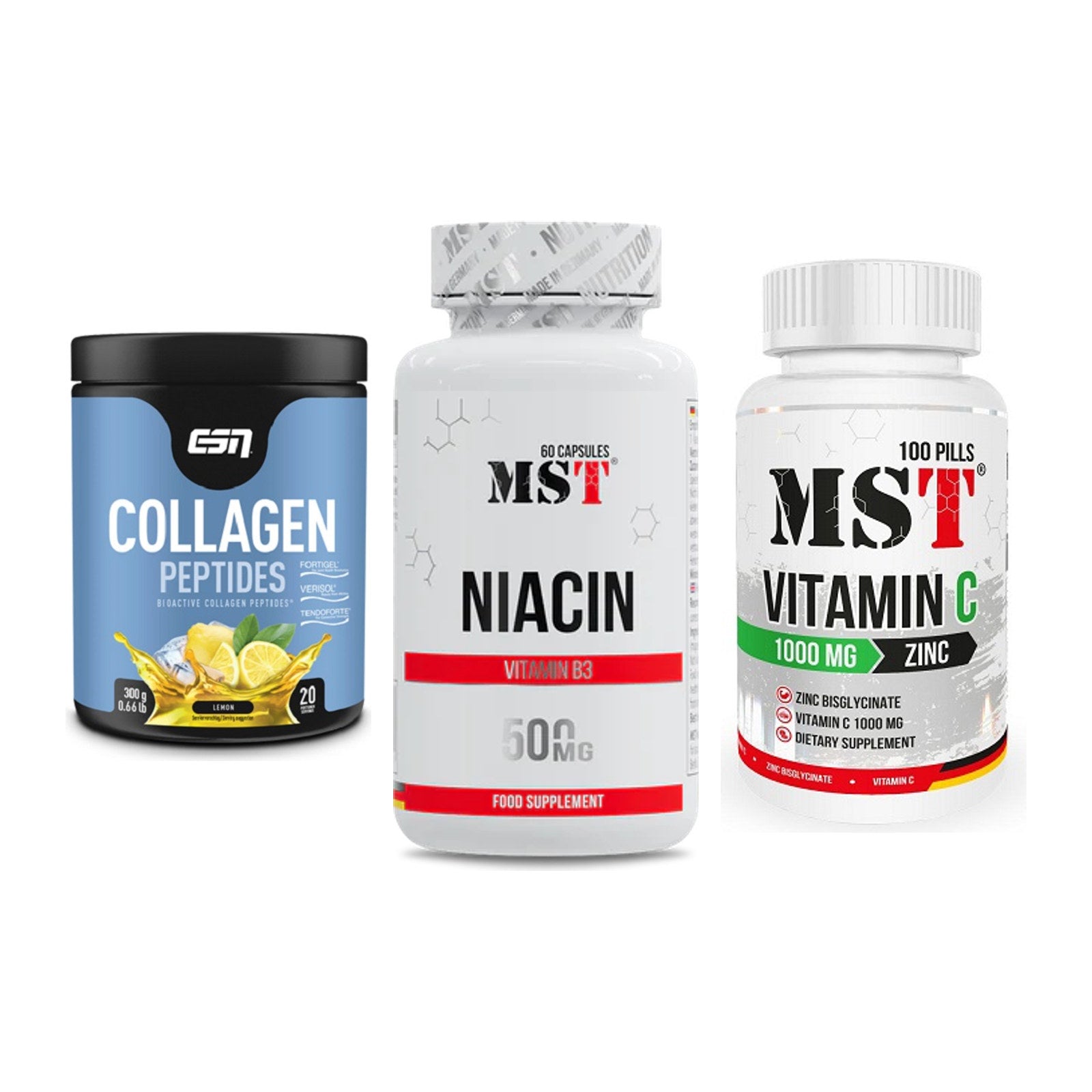 Haut, Haare & Nägel: ESN Collagen + MST Niacin + MST Vitamin C – alle enthaltenen Artikel