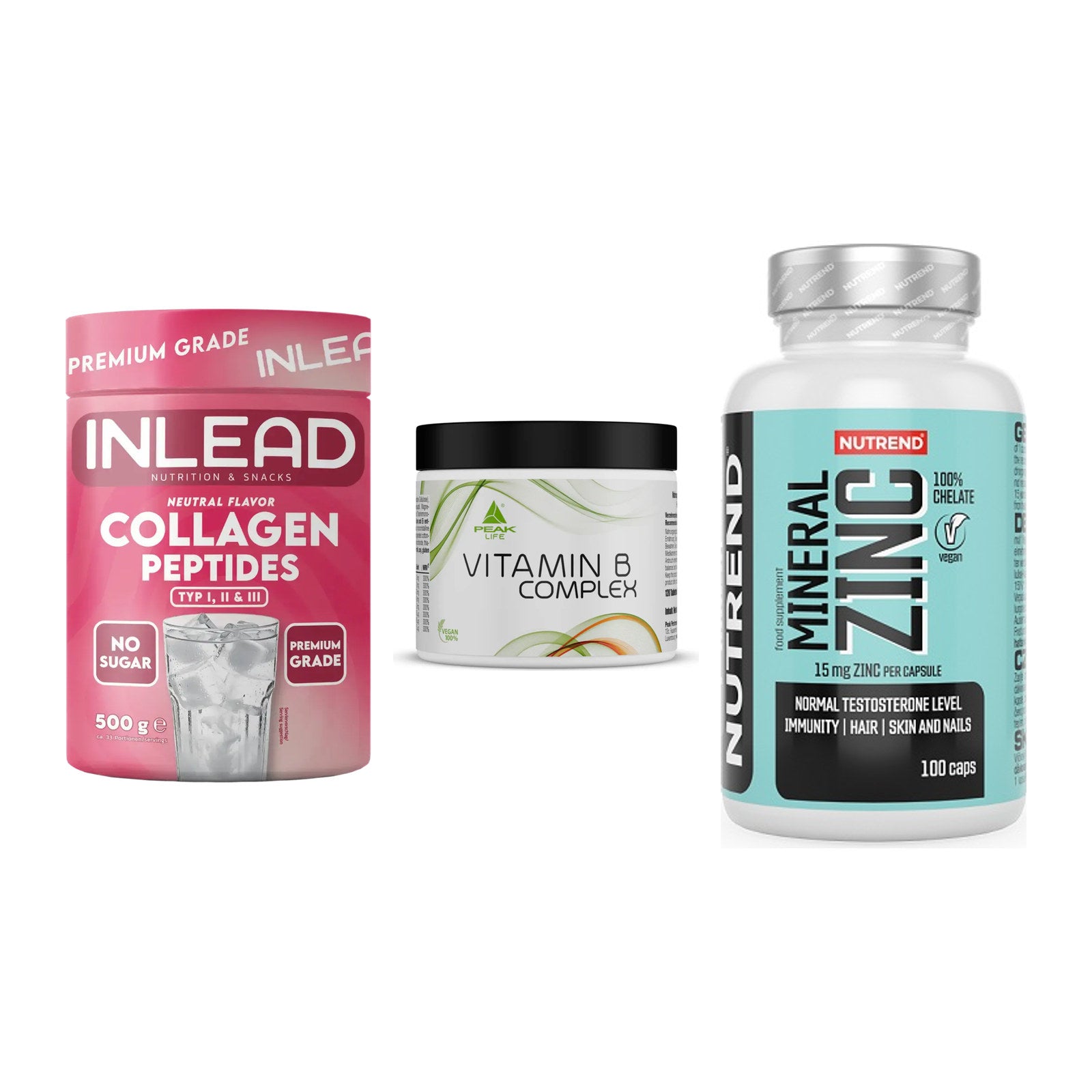 Haut, Haare & Nägel: INLEAD Collage + Peak Vitamin B + Nutrend Zinc – alle enthaltenen Artikel