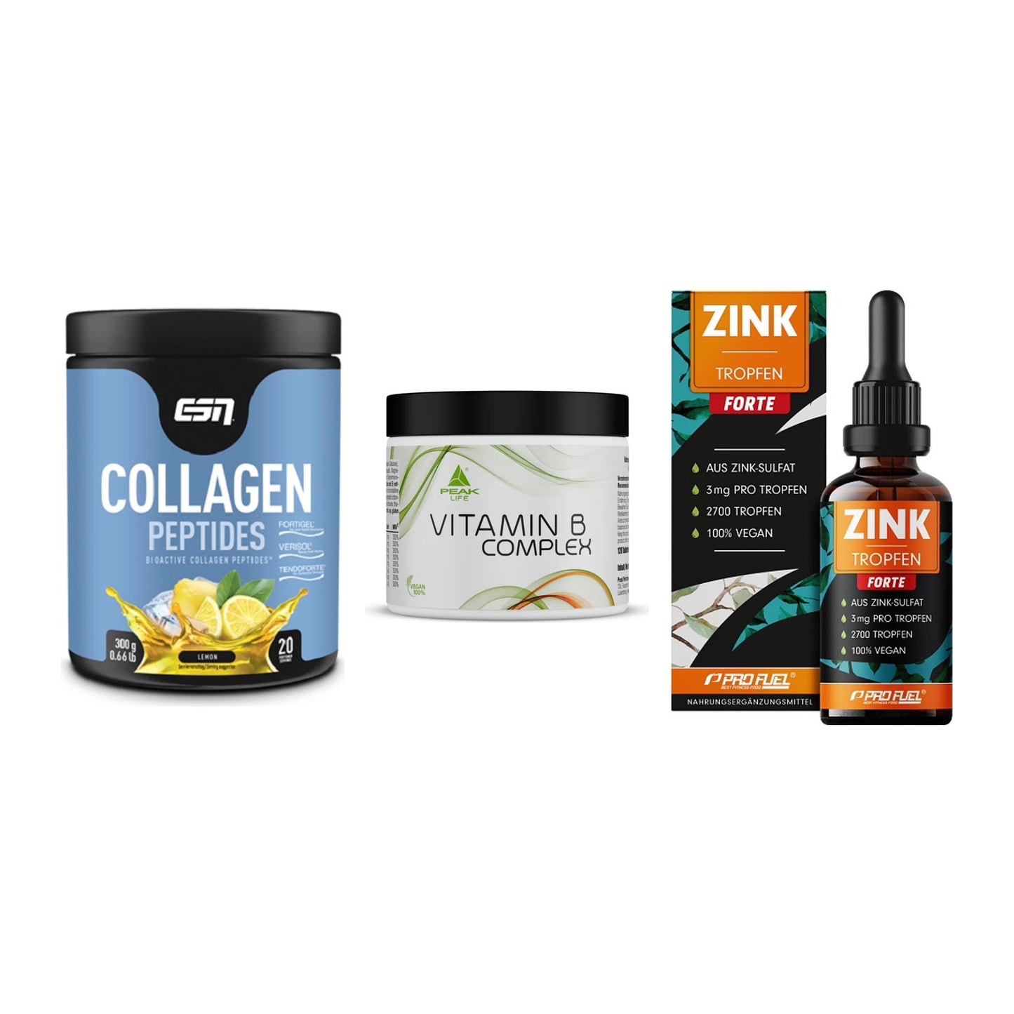 Haut, Haare & Nägel: ESN Collagen + Peak Vitamin B + ProFuel Zink – alle enthaltenen Artikel