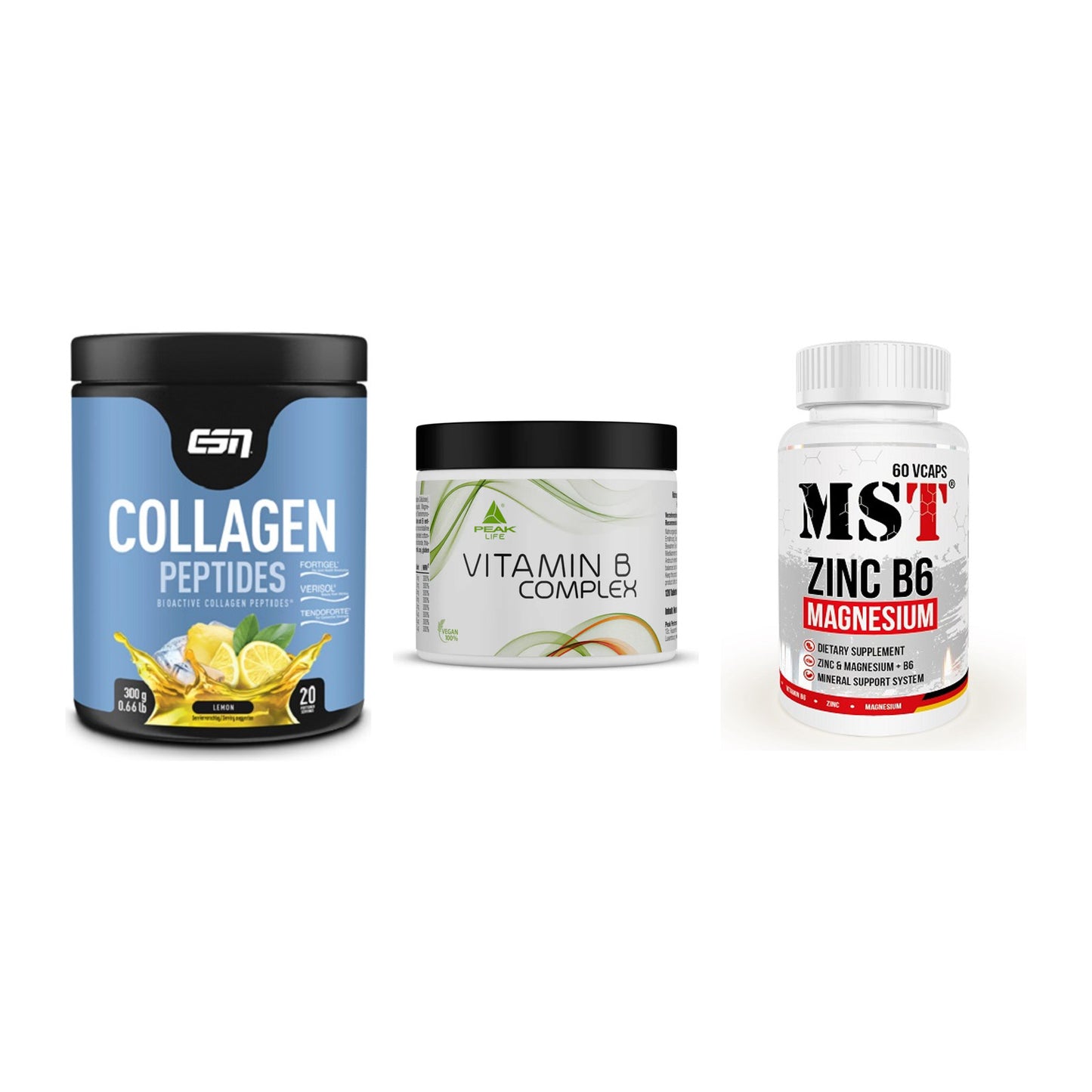 Haut, Haare & Nägel: ESN Collagen + Peak Vitamin B + MST Zinc – alle enthaltenen Artikel