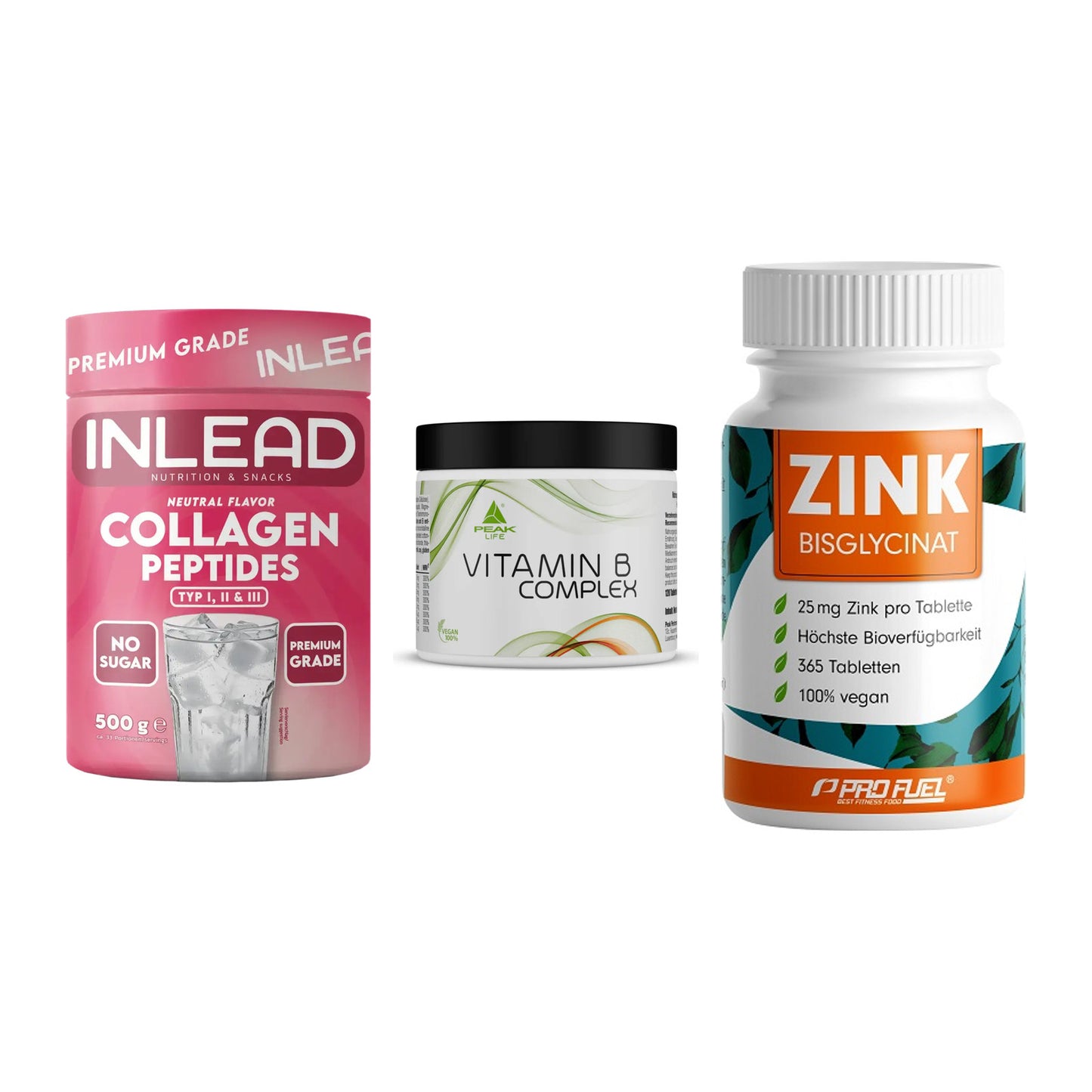 Haut, Haare & Nägel: INLEAD Collage + Peak Vitamin B + ProFuel Zink – alle enthaltenen Artikel