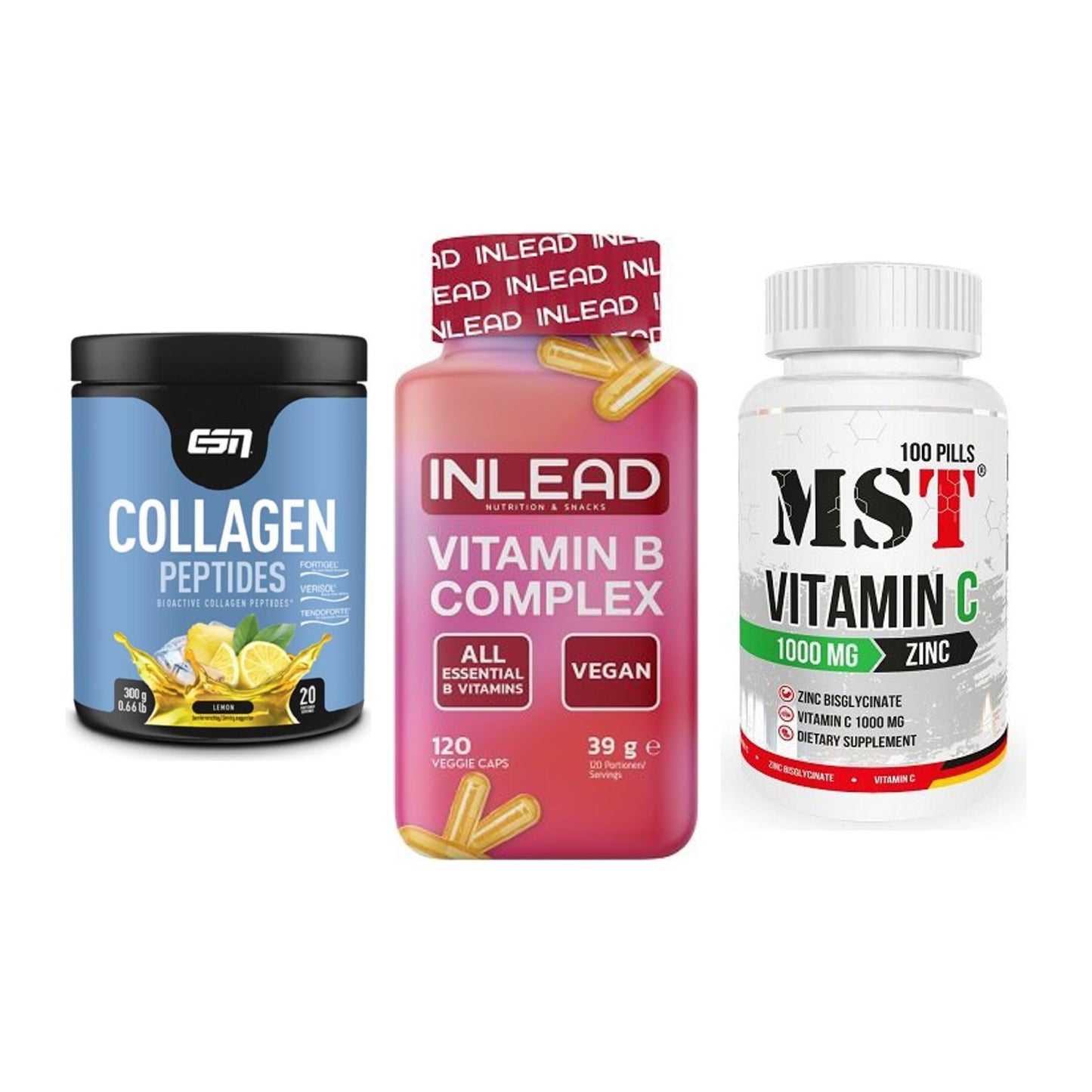 Haut, Haare & Nägel: ESN Collagen + INLEAD Vitamin + MST Vitamin C – alle enthaltenen Artikel