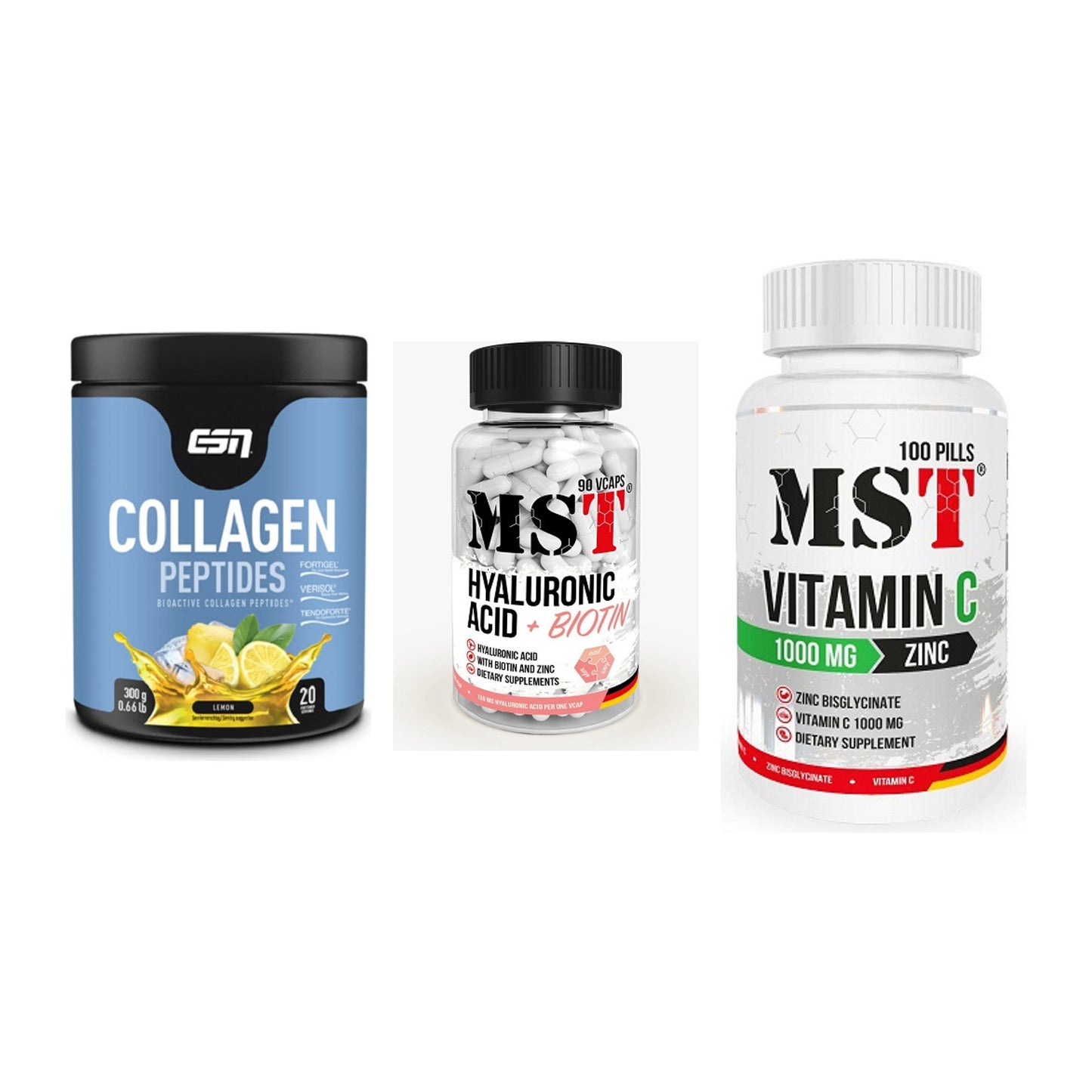 Haut, Haare & Nägel: ESN Collagen + MST Hyaluronic + MST Vitamin C – alle enthaltenen Artikel