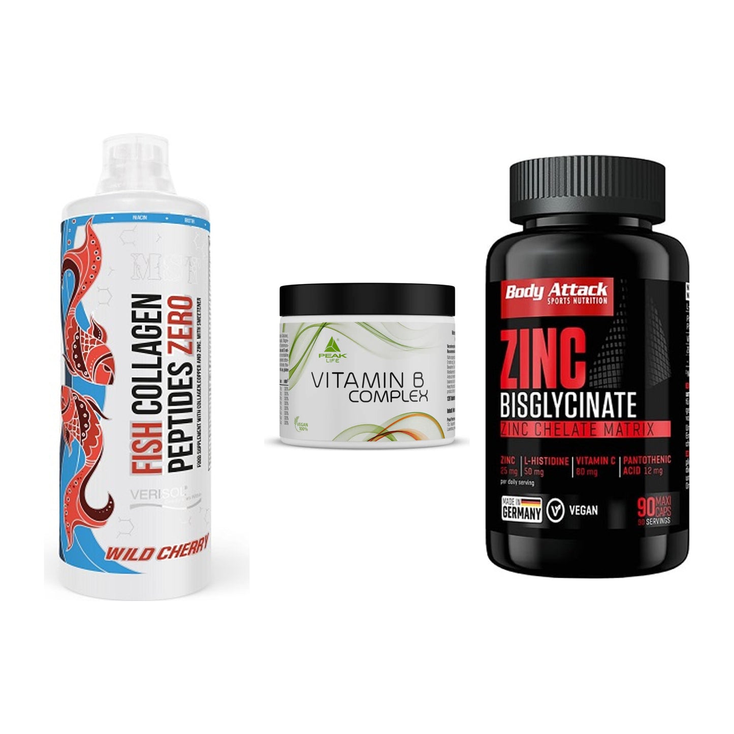 Haut, Haare & Nägel: MST Fish + Peak Vitamin B + Body Attack – alle enthaltenen Artikel