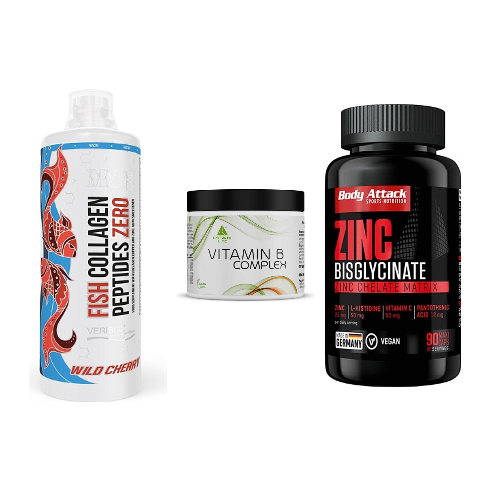 Haut, Haare & Nägel: MST Fish + Peak Vitamin B + Body Attack – alle enthaltenen Artikel