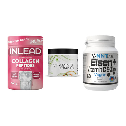 Haut, Haare & Nägel: INLEAD Collage + Peak Vitamin B + NNT Eisen – alle enthaltenen Artikel