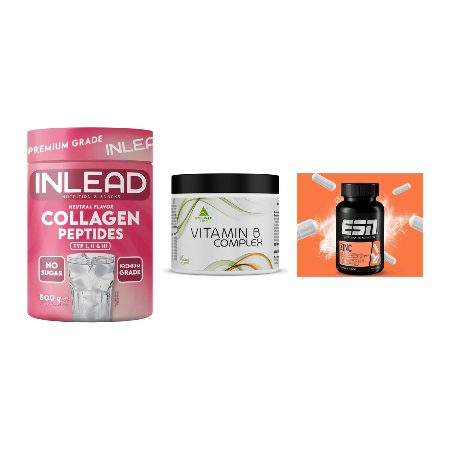 Haut, Haare & Nägel: INLEAD Collage + Peak Vitamin B + ESN Zinc – alle enthaltenen Artikel