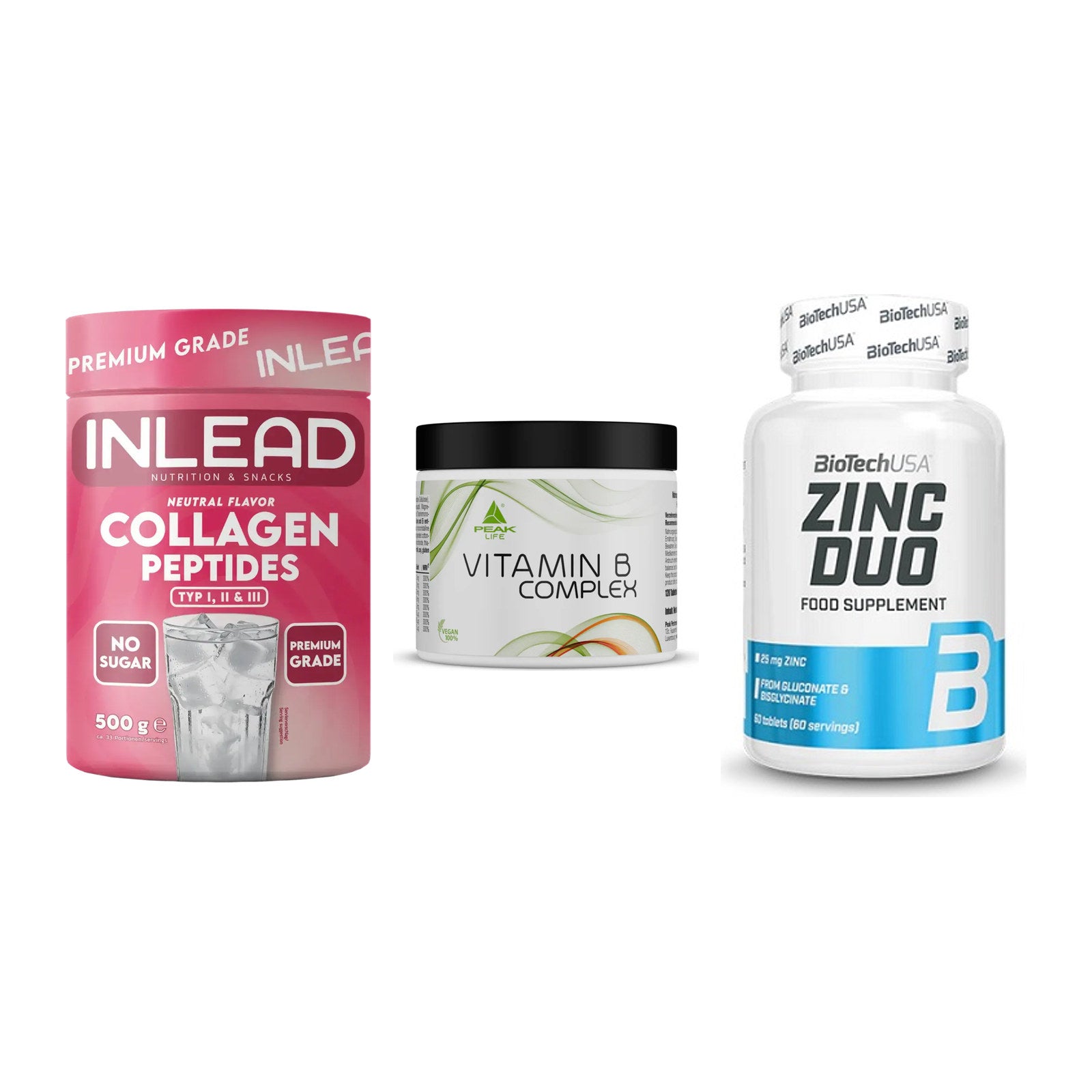 Haut, Haare & Nägel: INLEAD Collage + Peak Vitamin B + BioTech Zinc – alle enthaltenen Artikel