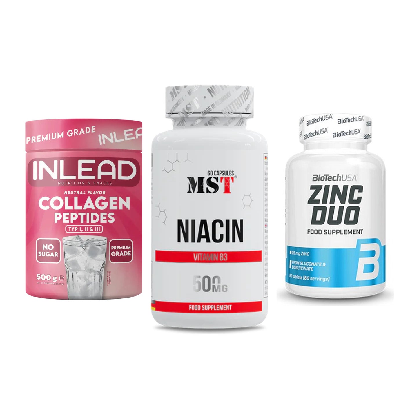 Haut, Haare & Nägel: INLEAD Collage + MST Niacin + BioTech Zinc – alle enthaltenen Artikel