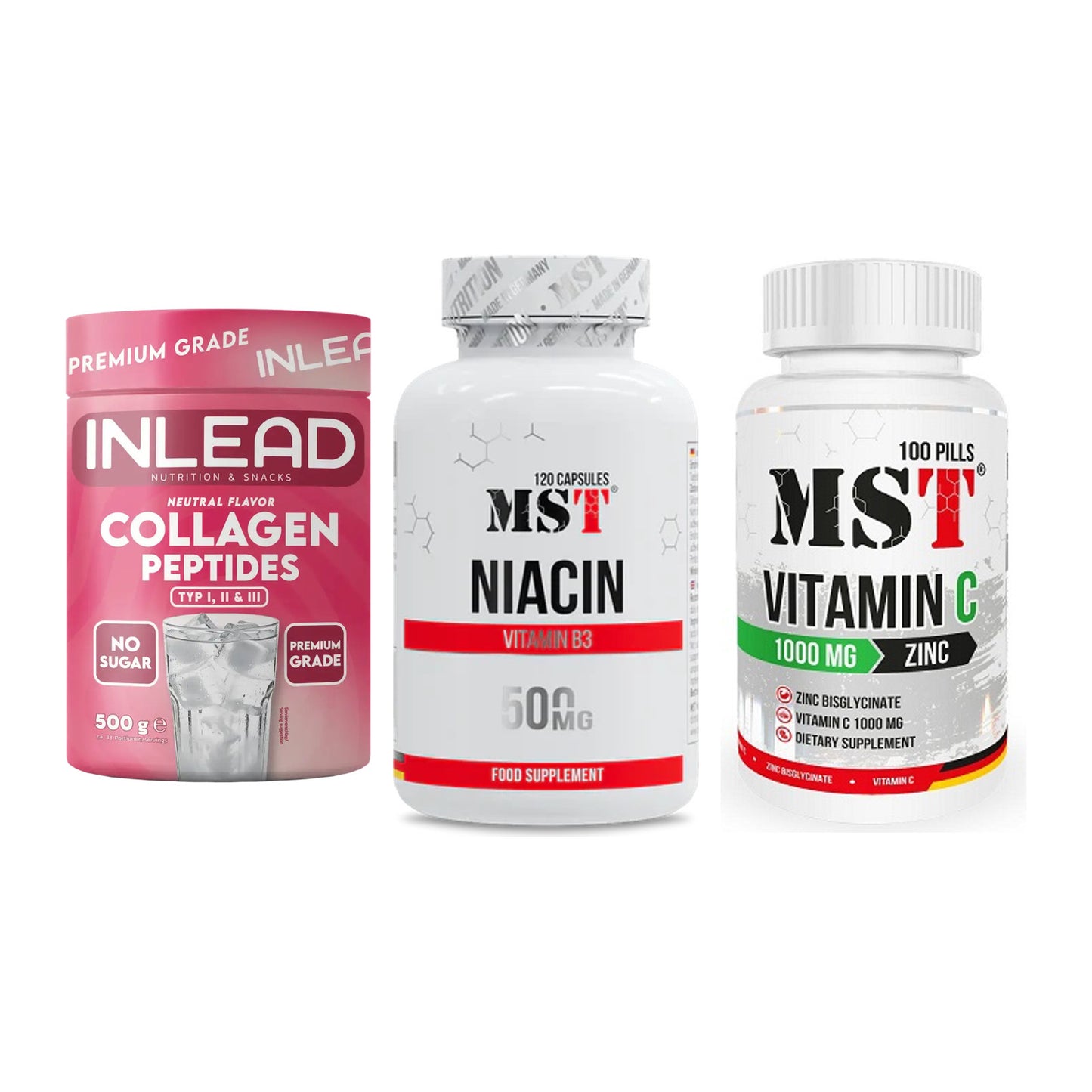 Haut, Haare & Nägel: INLEAD Collage + MST Niacin + MST Vitamin C – alle enthaltenen Artikel