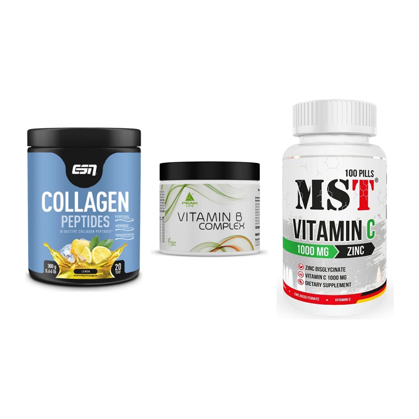 Haut, Haare & Nägel: ESN Collagen + Peak Vitamin B + MST Vitamin C – alle enthaltenen Artikel