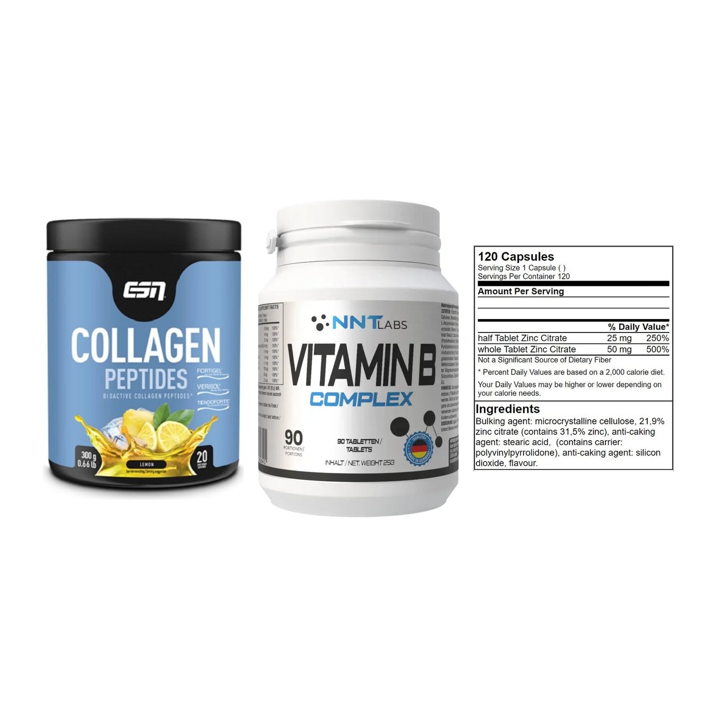Haut, Haare & Nägel: ESN Collagen + NNT Vitamin B + GN Zinc Citrat – alle enthaltenen Artikel