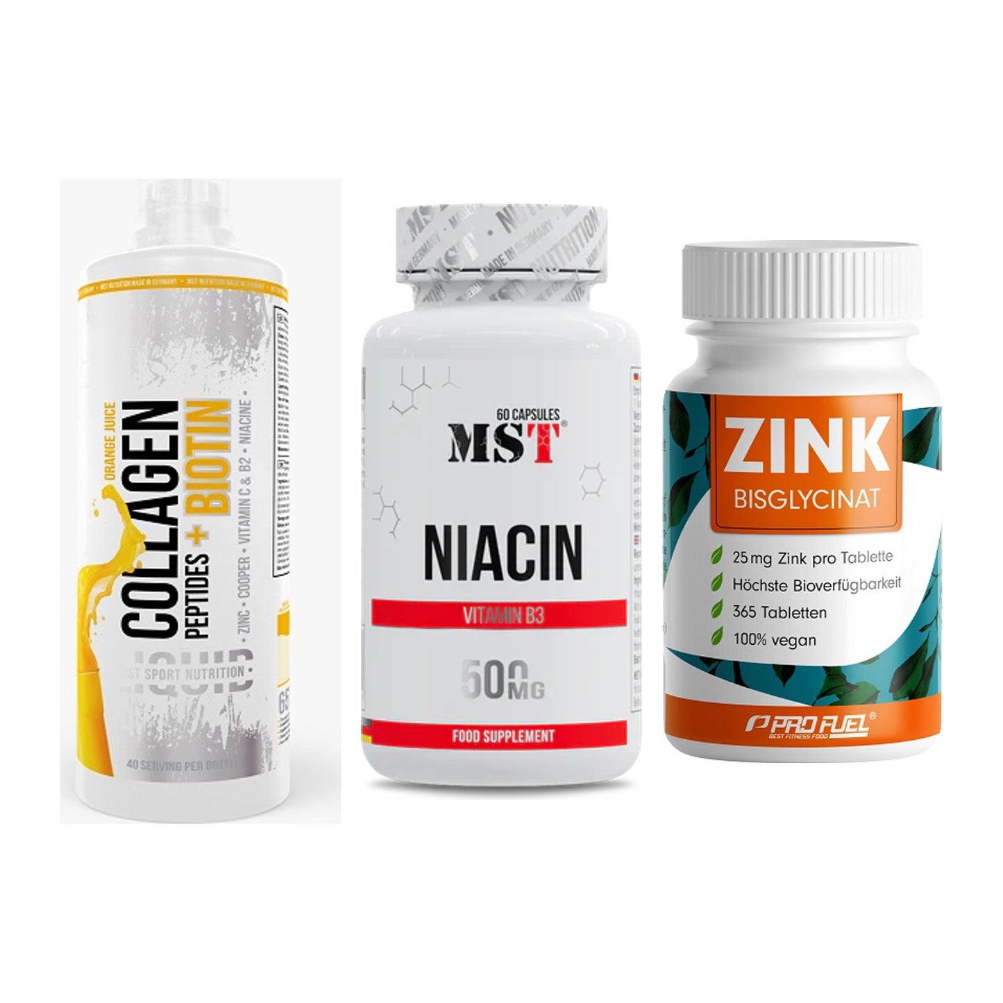Haut, Haare & Nägel: MST Collagen + MST Niacin + ProFuel Zink – alle enthaltenen Artikel