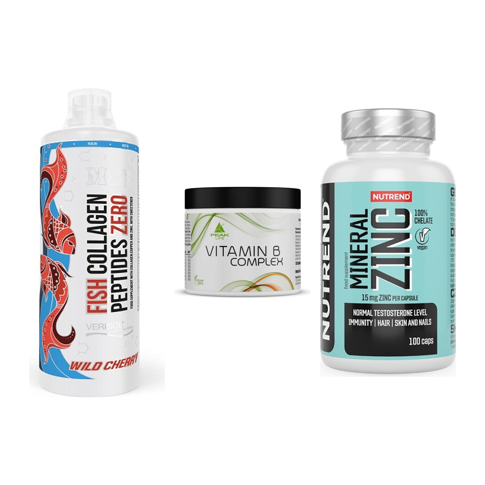 Haut, Haare & Nägel: MST Fish + Peak Vitamin B + Nutrend Zinc – alle enthaltenen Artikel