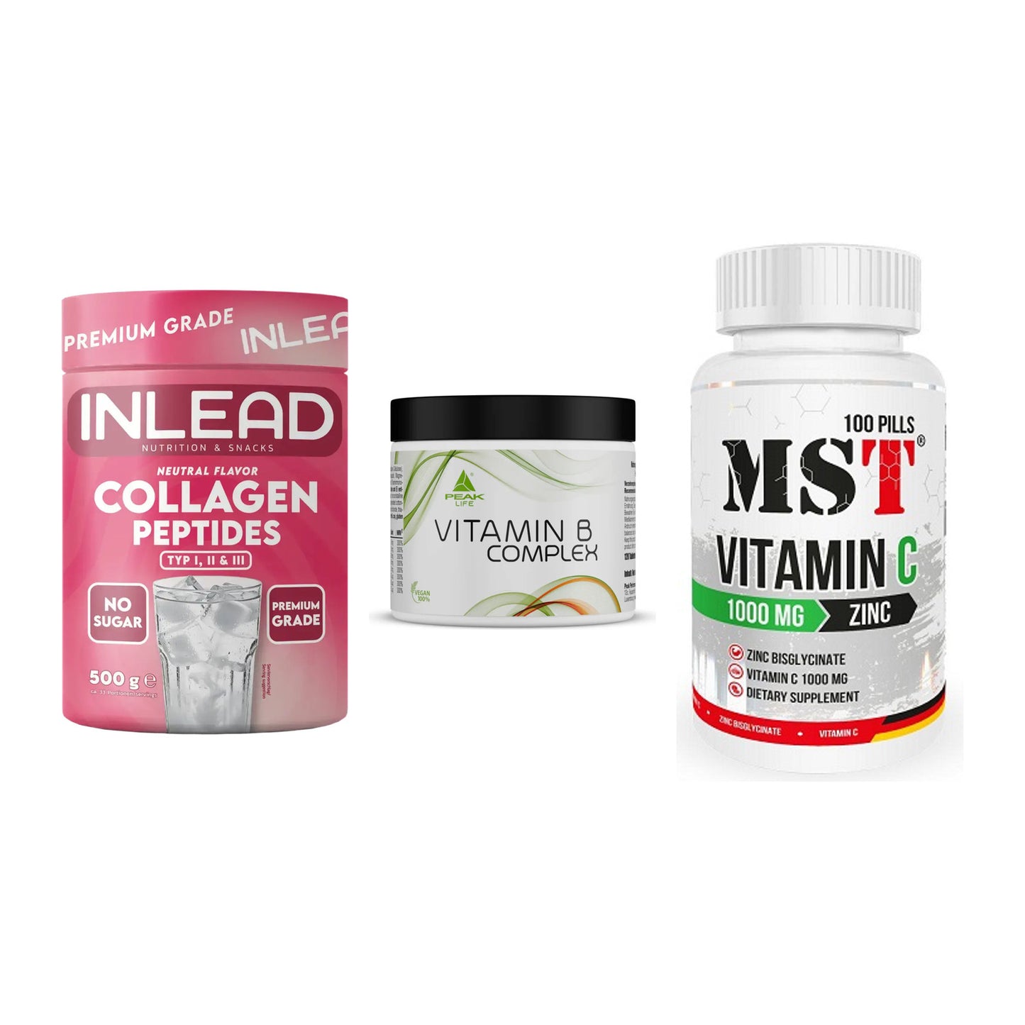 Haut, Haare & Nägel: INLEAD Collage + Peak Vitamin B + MST Vitamin C – alle enthaltenen Artikel