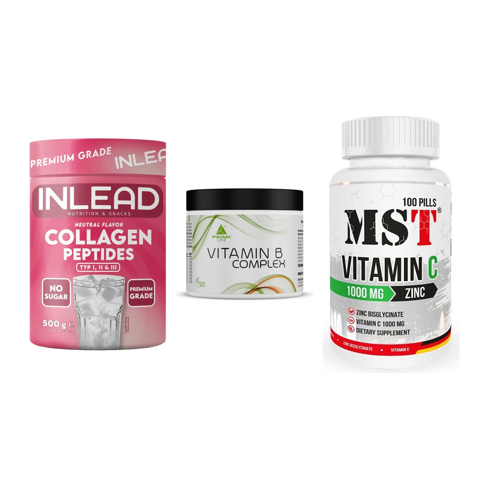 Haut, Haare & Nägel: INLEAD Collage + Peak Vitamin B + MST Vitamin C – alle enthaltenen Artikel