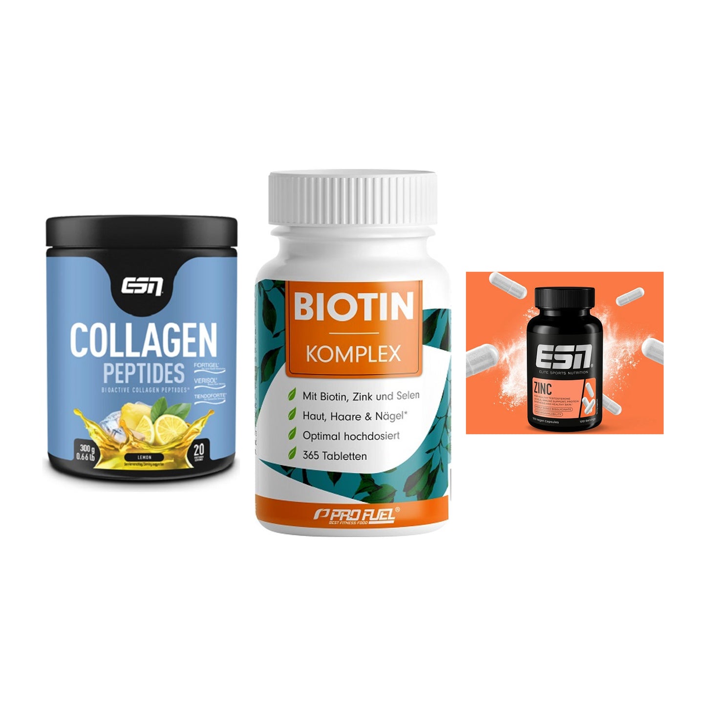 Haut, Haare & Nägel: ESN Collagen + ProFuel BIOTIN + ESN Zinc – alle enthaltenen Artikel