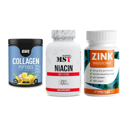 Haut, Haare & Nägel: ESN Collagen + MST Niacin + ProFuel Zink – alle enthaltenen Artikel