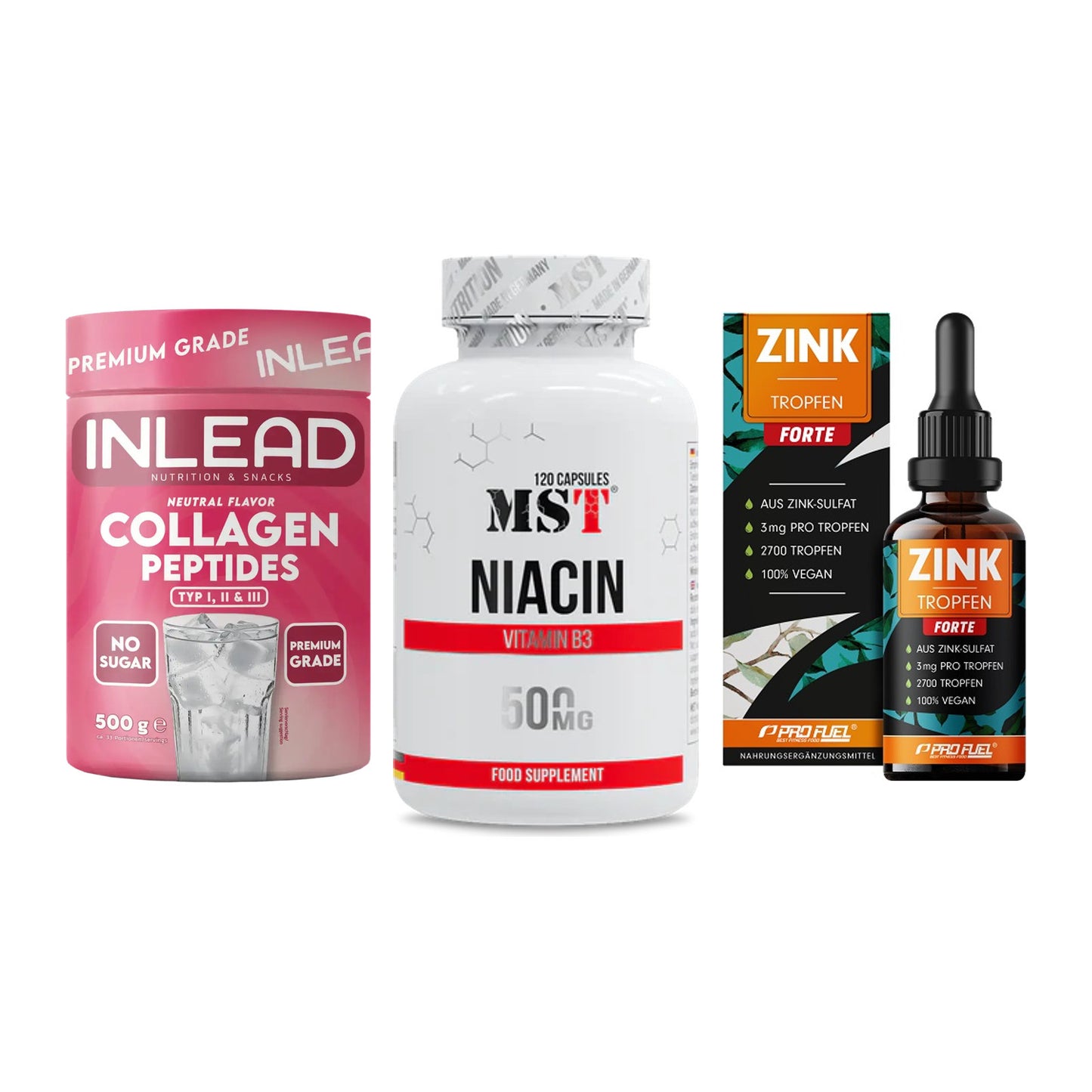 Haut, Haare & Nägel: INLEAD Collage + MST Niacin + ProFuel Zink – alle enthaltenen Artikel