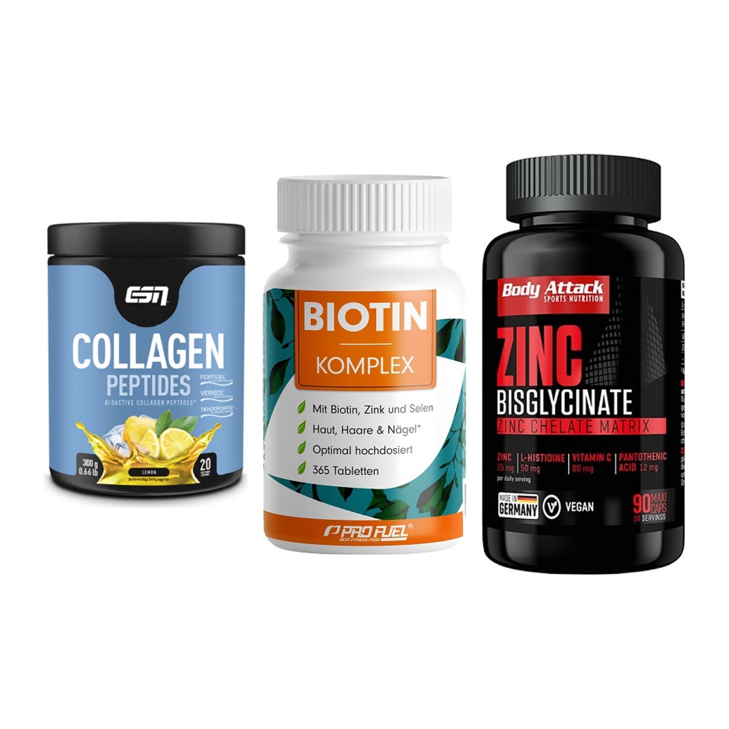 Haut, Haare & Nägel: ESN Collagen + ProFuel BIOTIN + Body Attack – alle enthaltenen Artikel