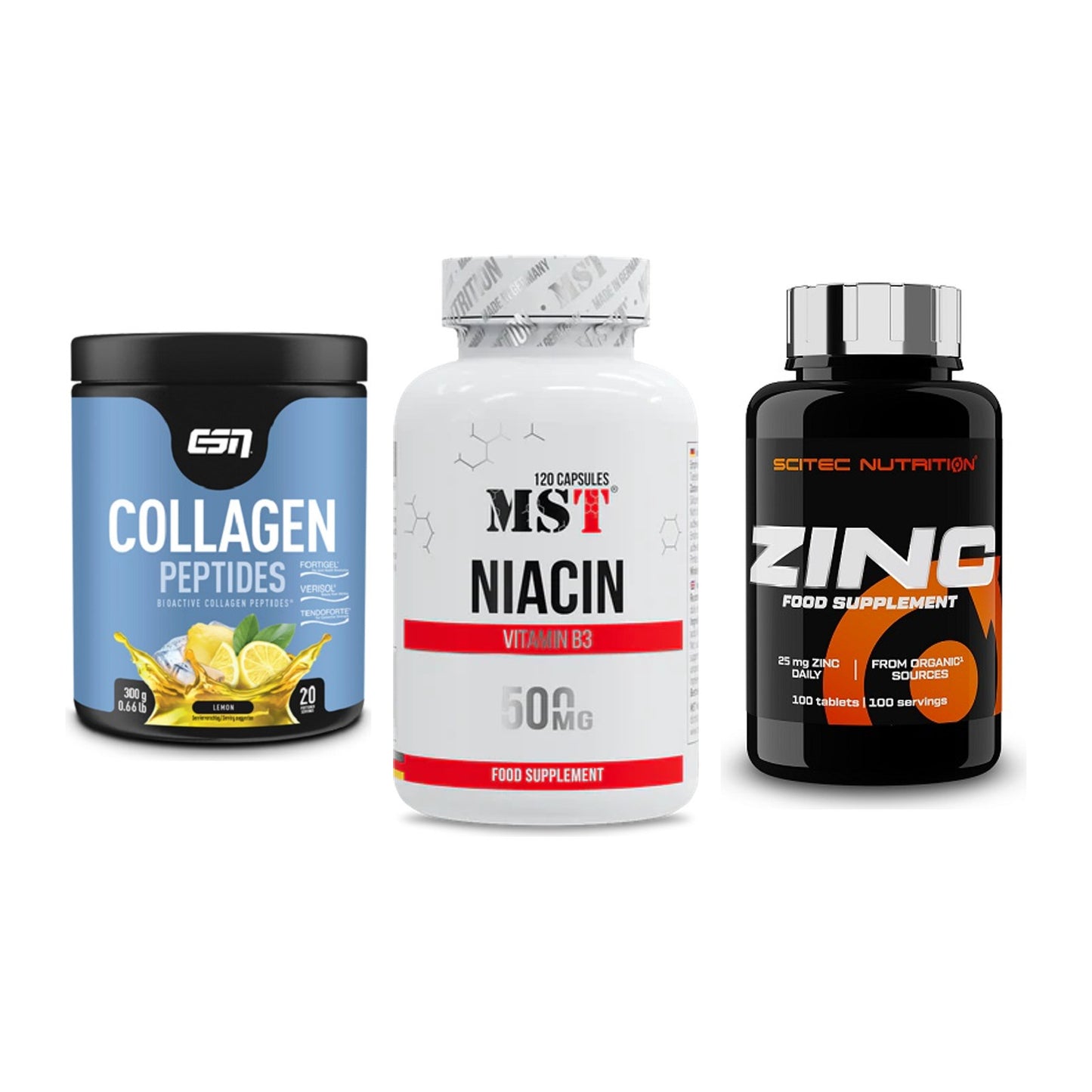 Haut, Haare & Nägel: ESN Collagen Peptides + MST Niacin + Scitec Zinc – alle enthaltenen Artikel