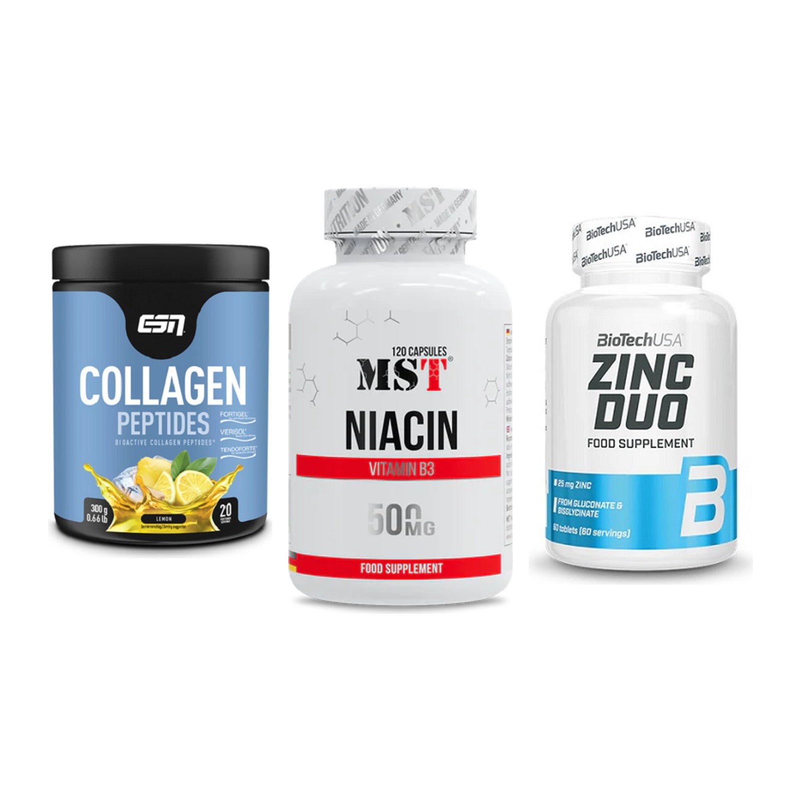 Haut, Haare & Nägel: ESN Collagen + MST Niacin + BioTech Zinc – alle enthaltenen Artikel