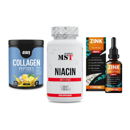 Haut, Haare & Nägel: ESN Collagen + MST Niacin + ProFuel Zink – alle enthaltenen Artikel