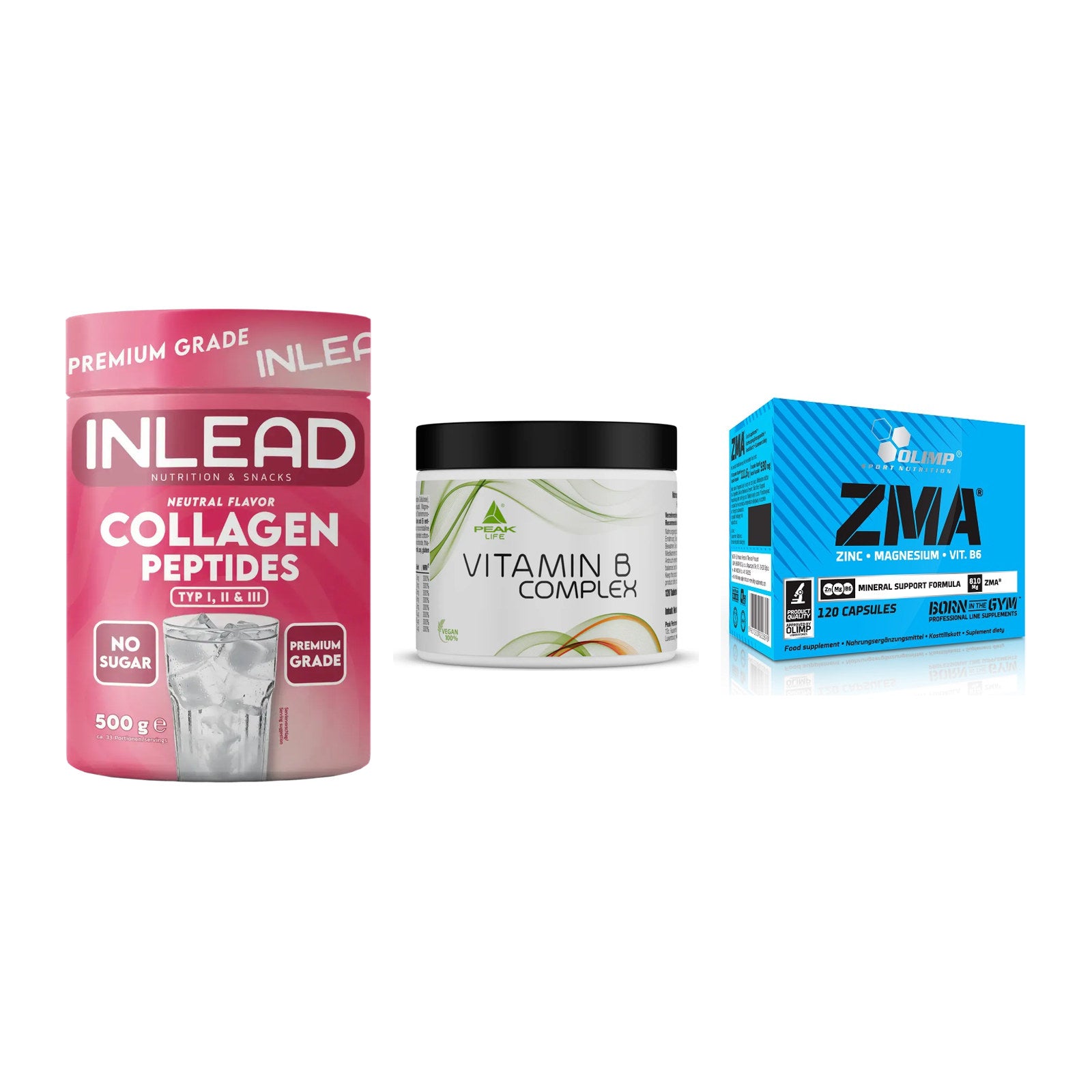 Haut, Haare & Nägel: INLEAD Collage + Peak Vitamin B + Olimp ZMA – alle enthaltenen Artikel