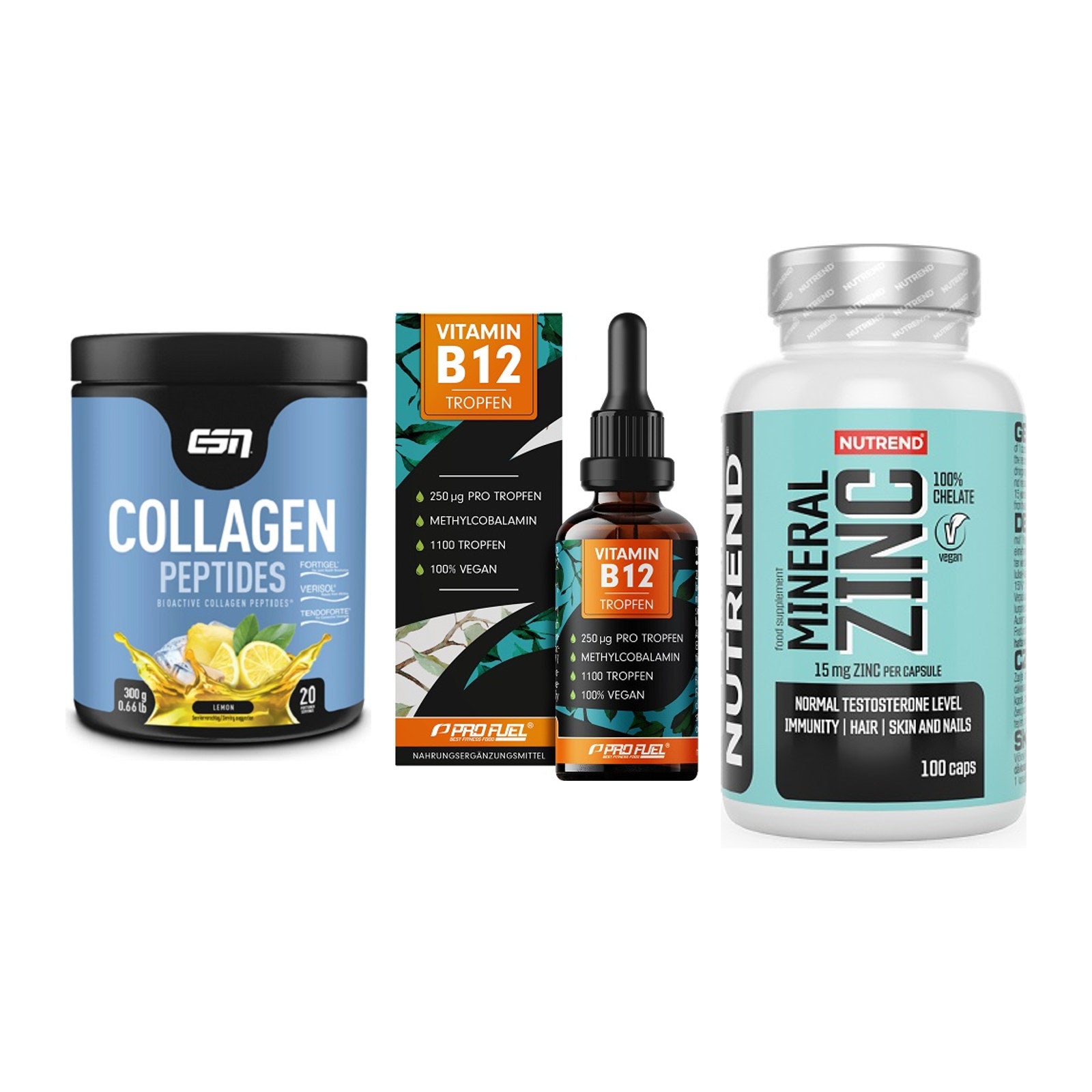 Haut, Haare & Nägel: ESN Collagen + ProFuel Vitami + Nutrend Zinc – alle enthaltenen Artikel