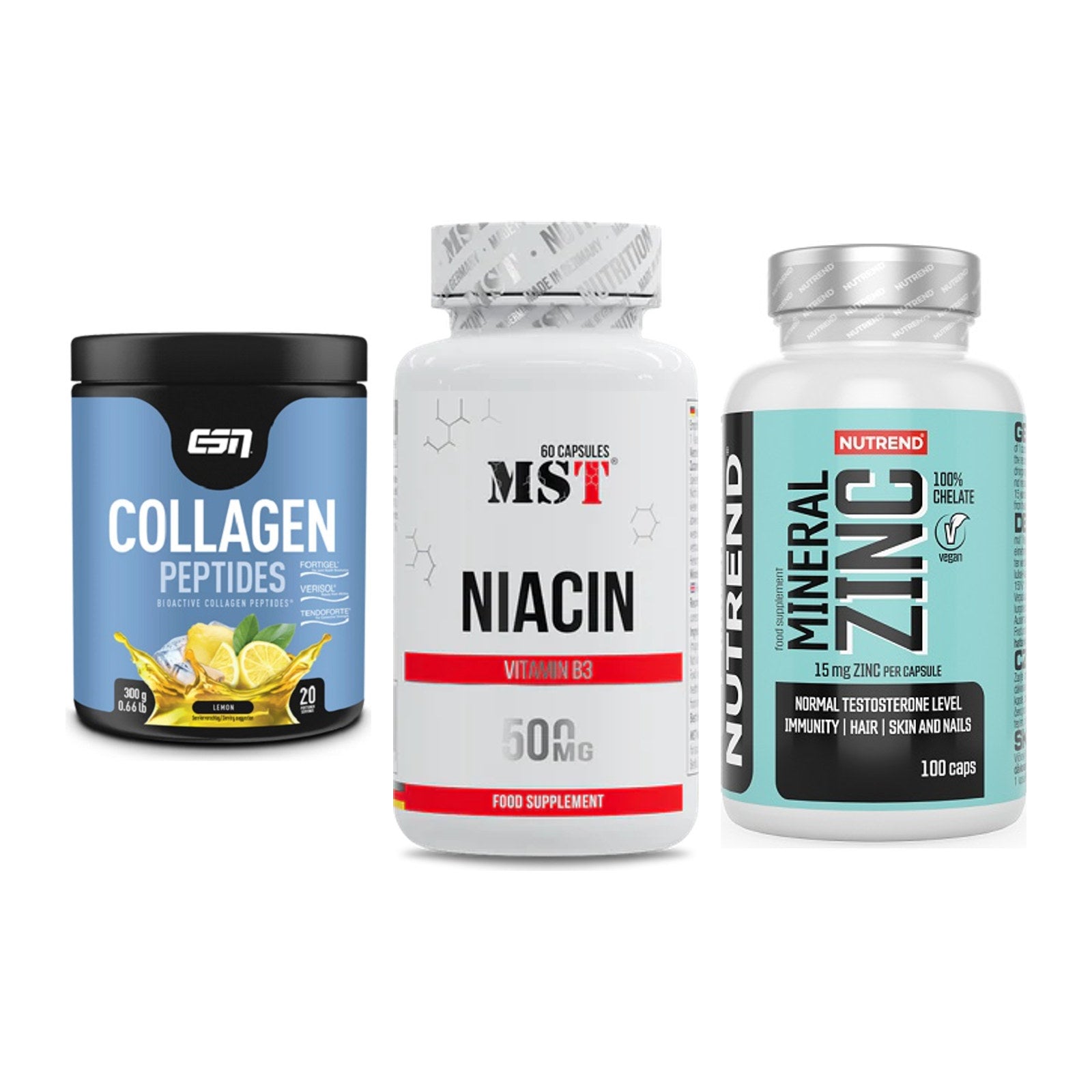 Haut, Haare & Nägel: ESN Collagen + MST Niacin + Nutrend Zinc – alle enthaltenen Artikel
