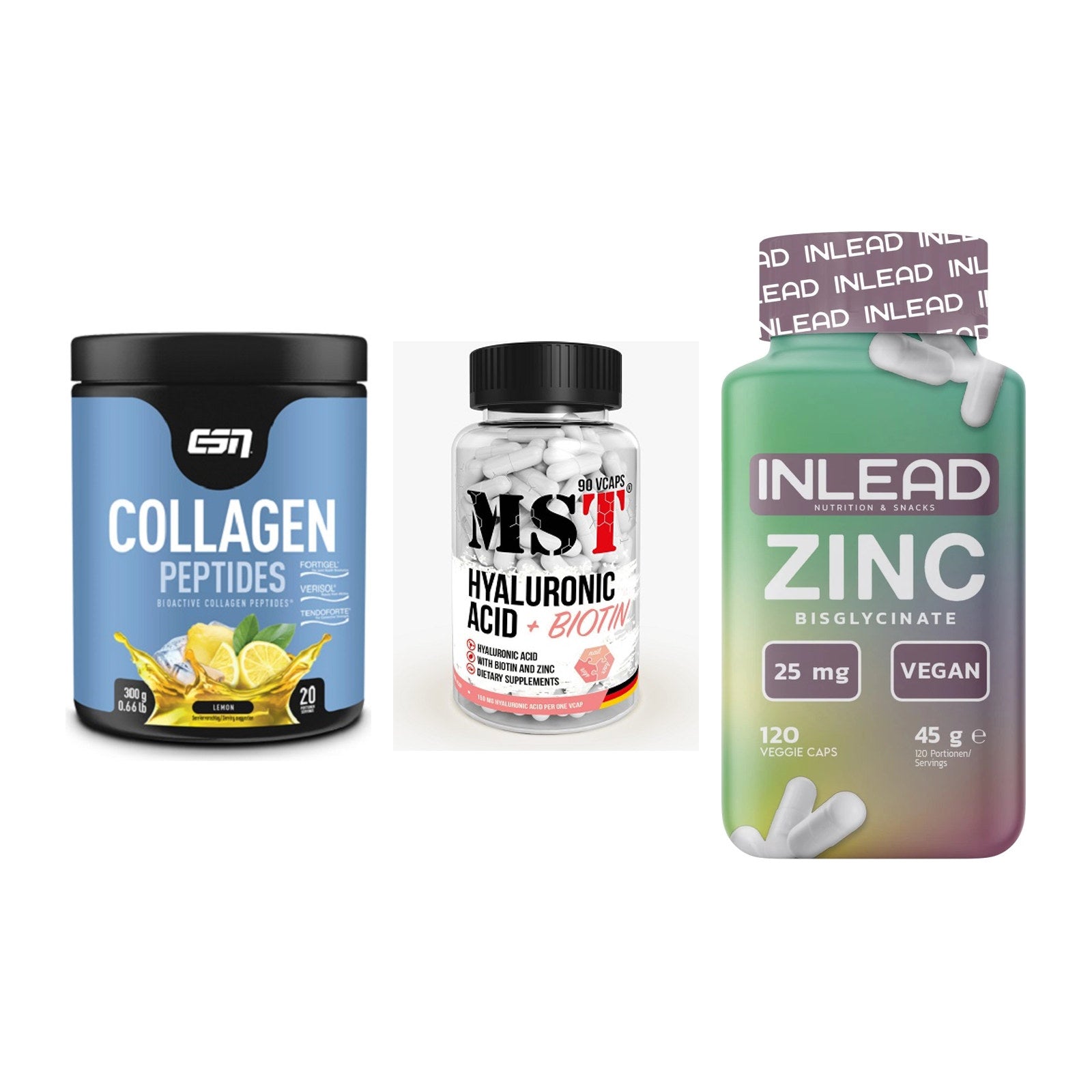 Haut, Haare & Nägel: ESN Collagen + MST Hyaluronic + INLEAD Zink – alle enthaltenen Artikel