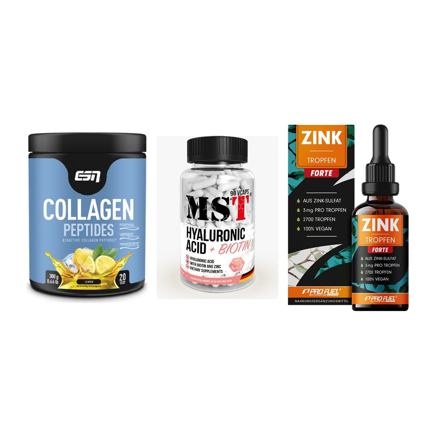Haut, Haare & Nägel: ESN Collagen + MST Hyaluronic + ProFuel Zink – alle enthaltenen Artikel
