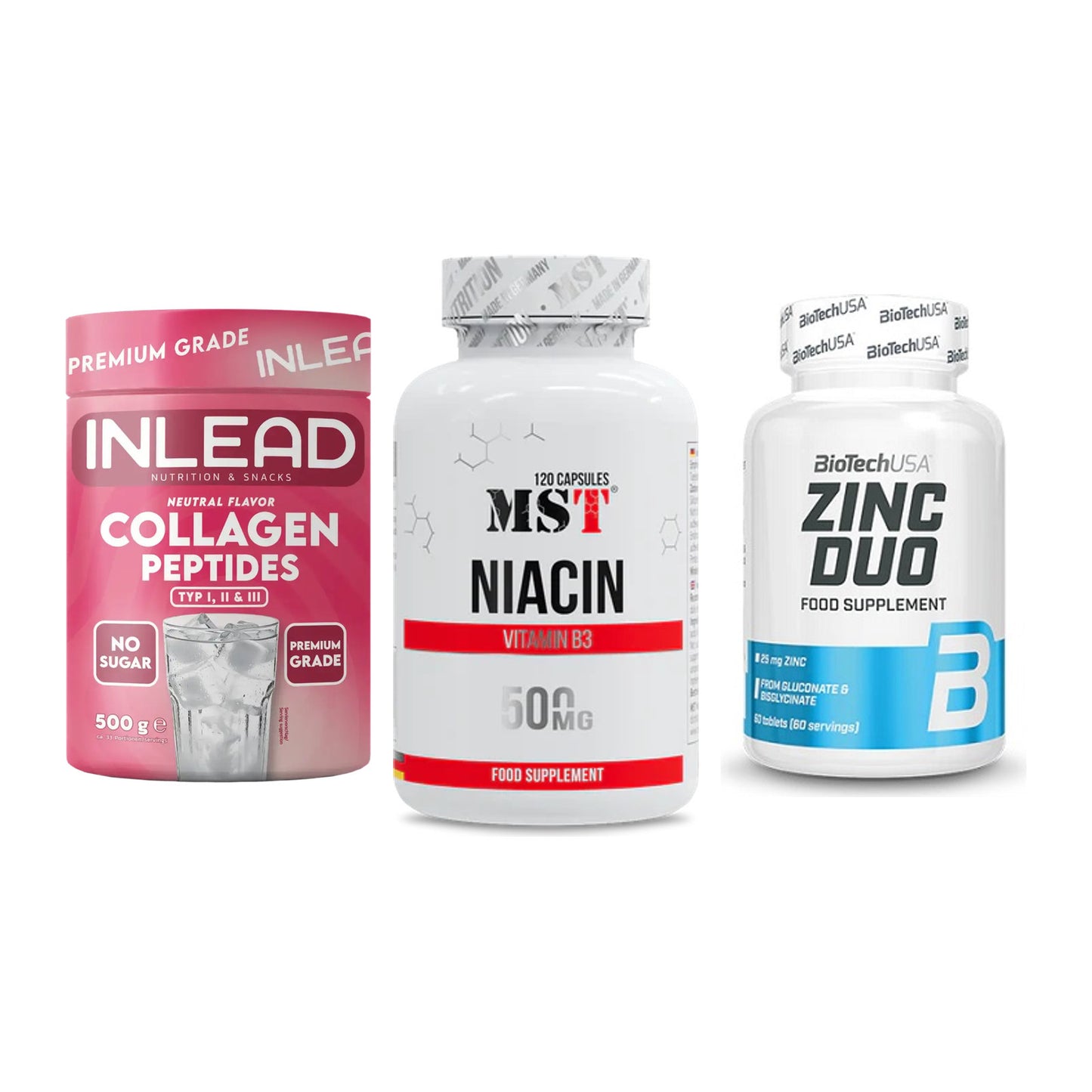 Haut, Haare & Nägel: INLEAD Collage + MST Niacin + BioTech Zinc – alle enthaltenen Artikel