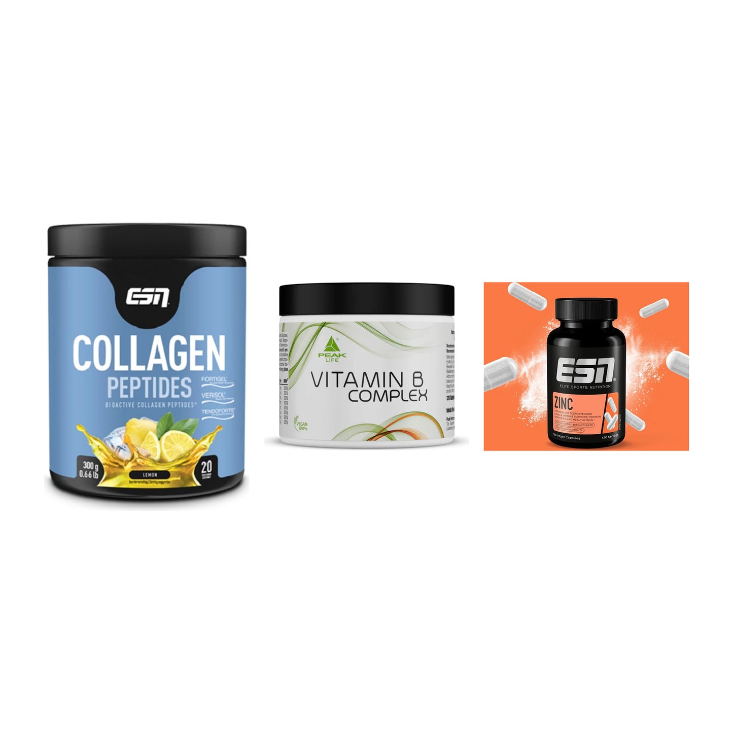 Haut, Haare & Nägel: ESN Collagen + Peak Vitamin B + ESN Zinc – alle enthaltenen Artikel