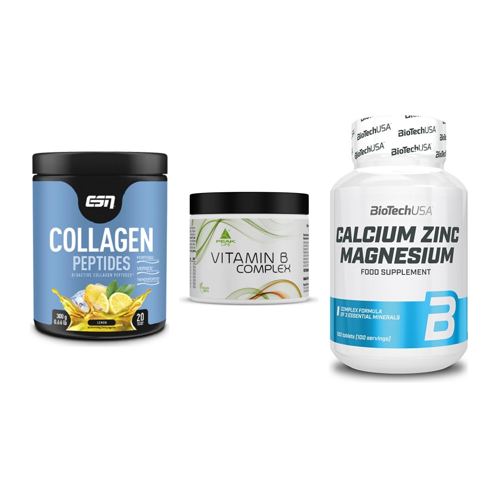 Haut, Haare & Nägel: ESN Collagen + Peak Vitamin B + BioTech Calciu – alle enthaltenen Artikel