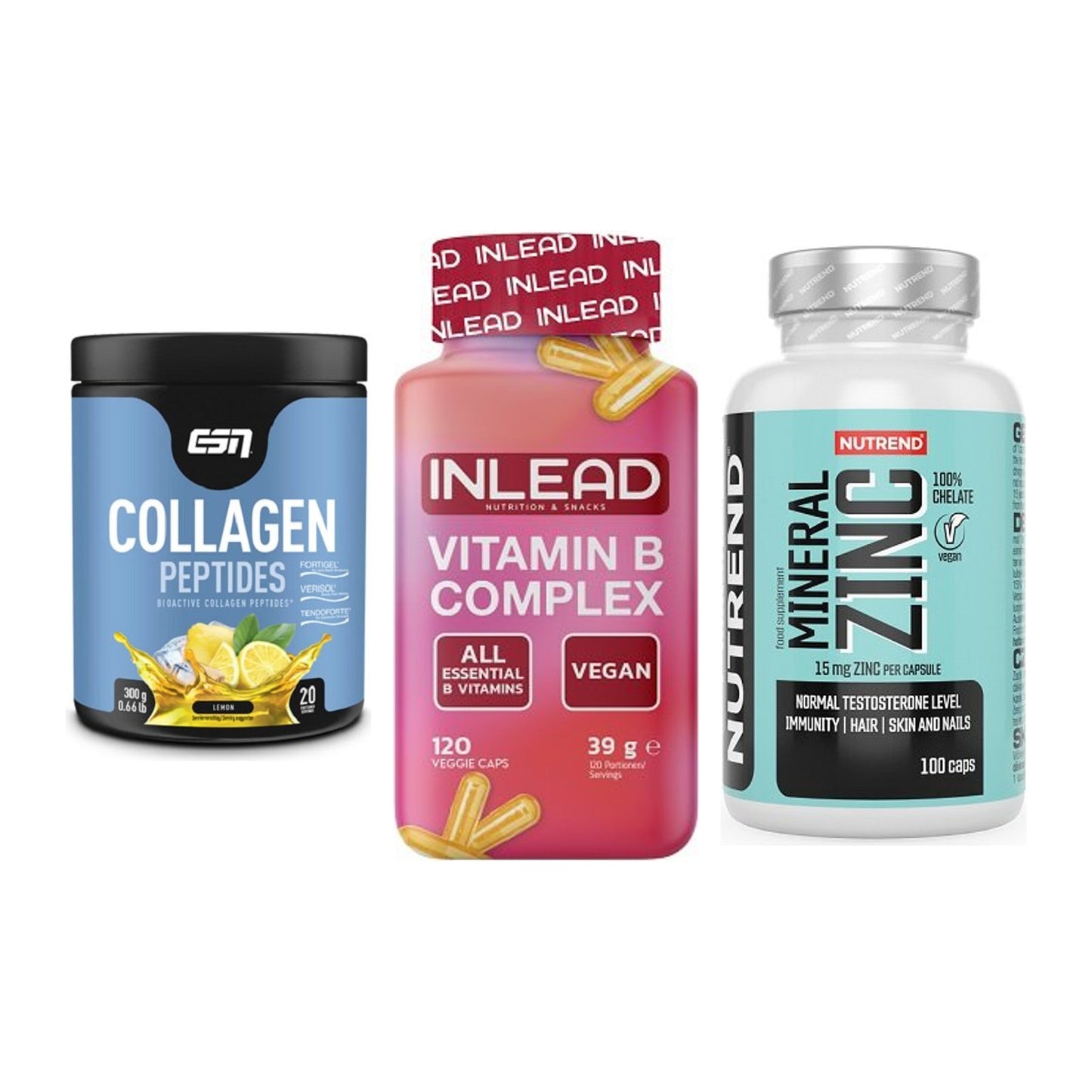 Haut, Haare & Nägel: ESN Collagen + INLEAD Vitamin + Nutrend Zinc – alle enthaltenen Artikel